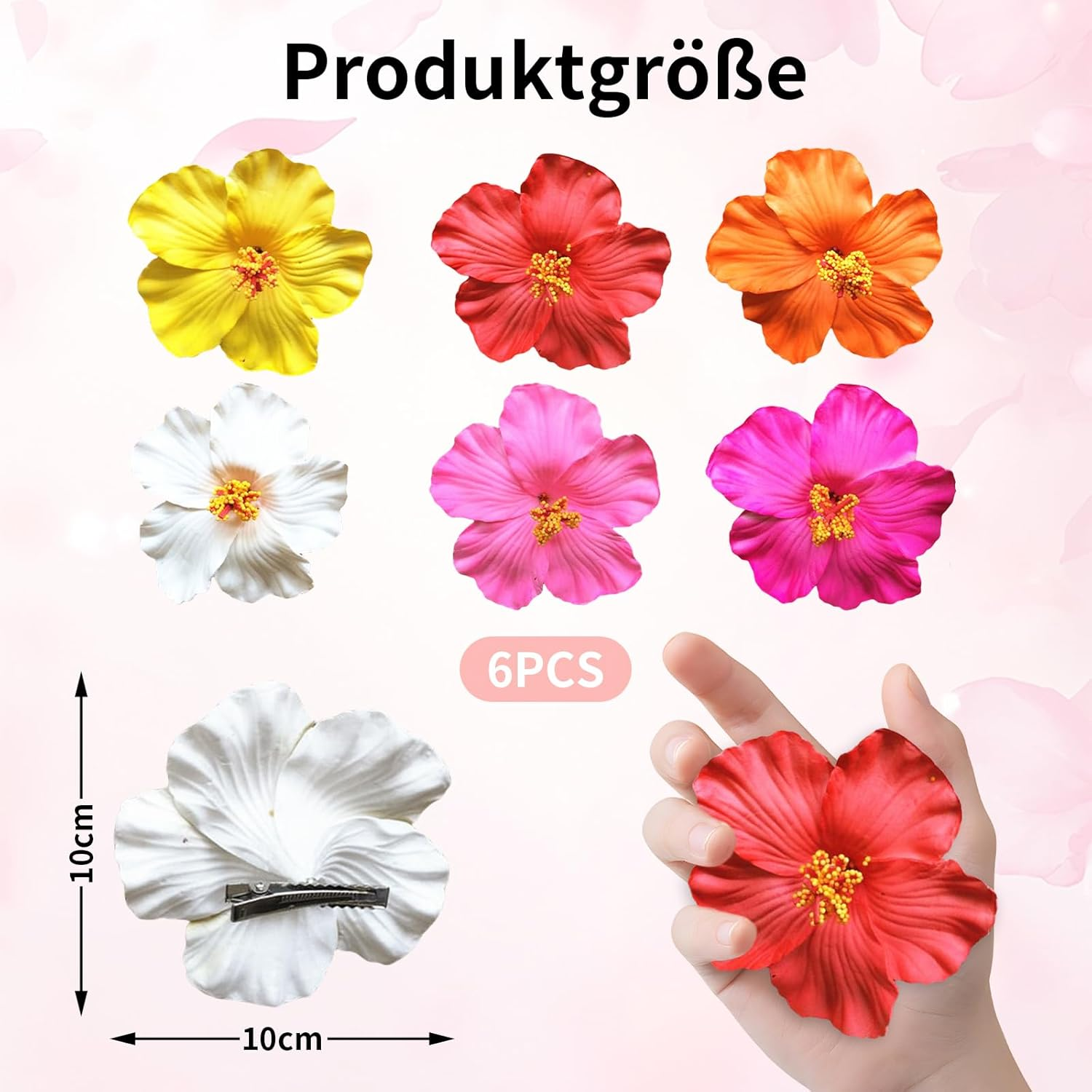 Elevapulse Pack of 6 Hawaii Flower Hair Clips, Hawaii Outfit Women'S Accessories, Hair Clips with Hawaiian Flowers for Women, Flower Hair Clip Set for Beach Party, Beach Holidays and Weddings, 10 Cm image number 1