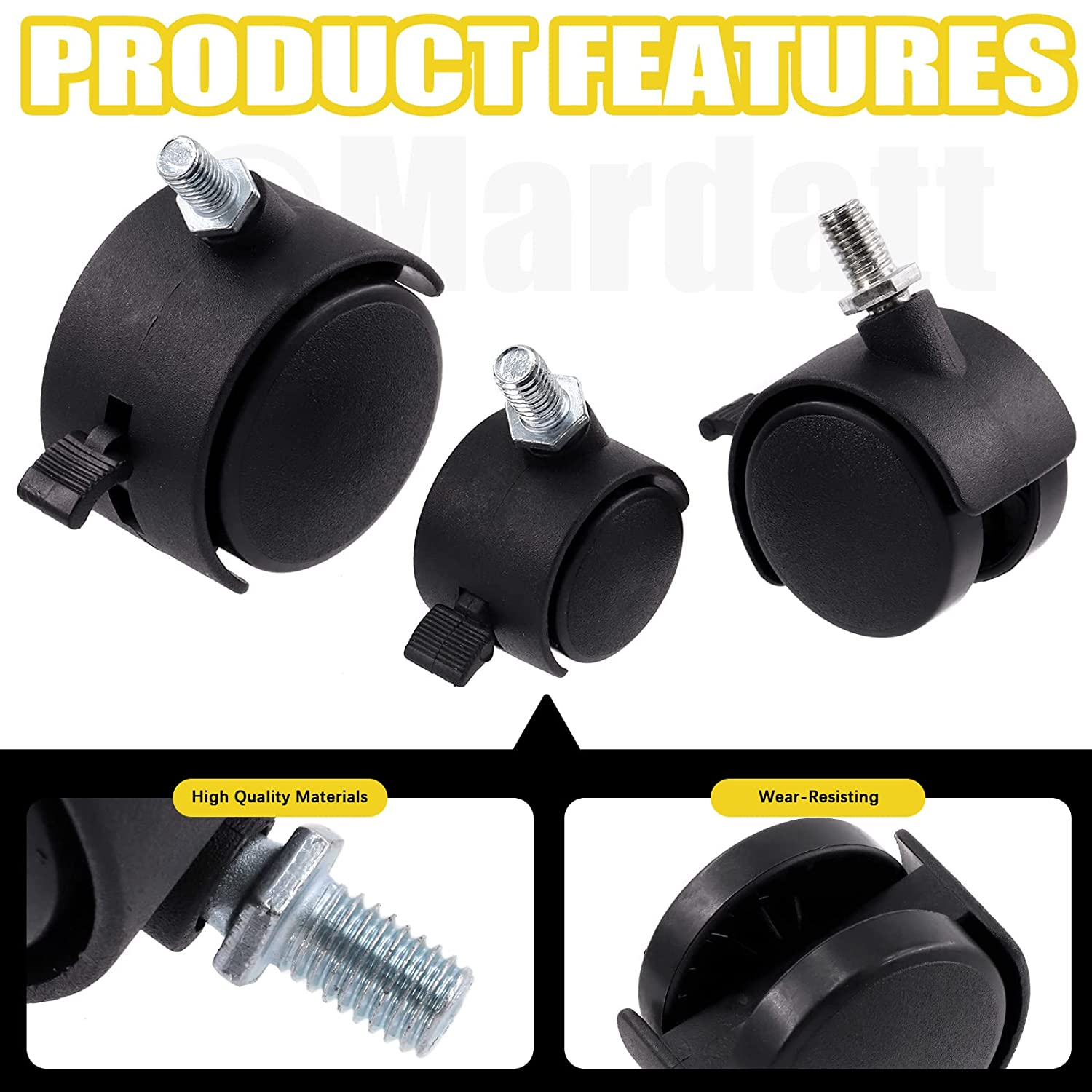 Mardatt 4Pcs 1 Inch Nylon Swivel Caster Wheel with Brake, M8 X 13Mm Threaded Stem Casters Heavy Duty Office Chair Caster Wheels Replacement for Protecting Furniture Wheel Shelf Floor image number 2