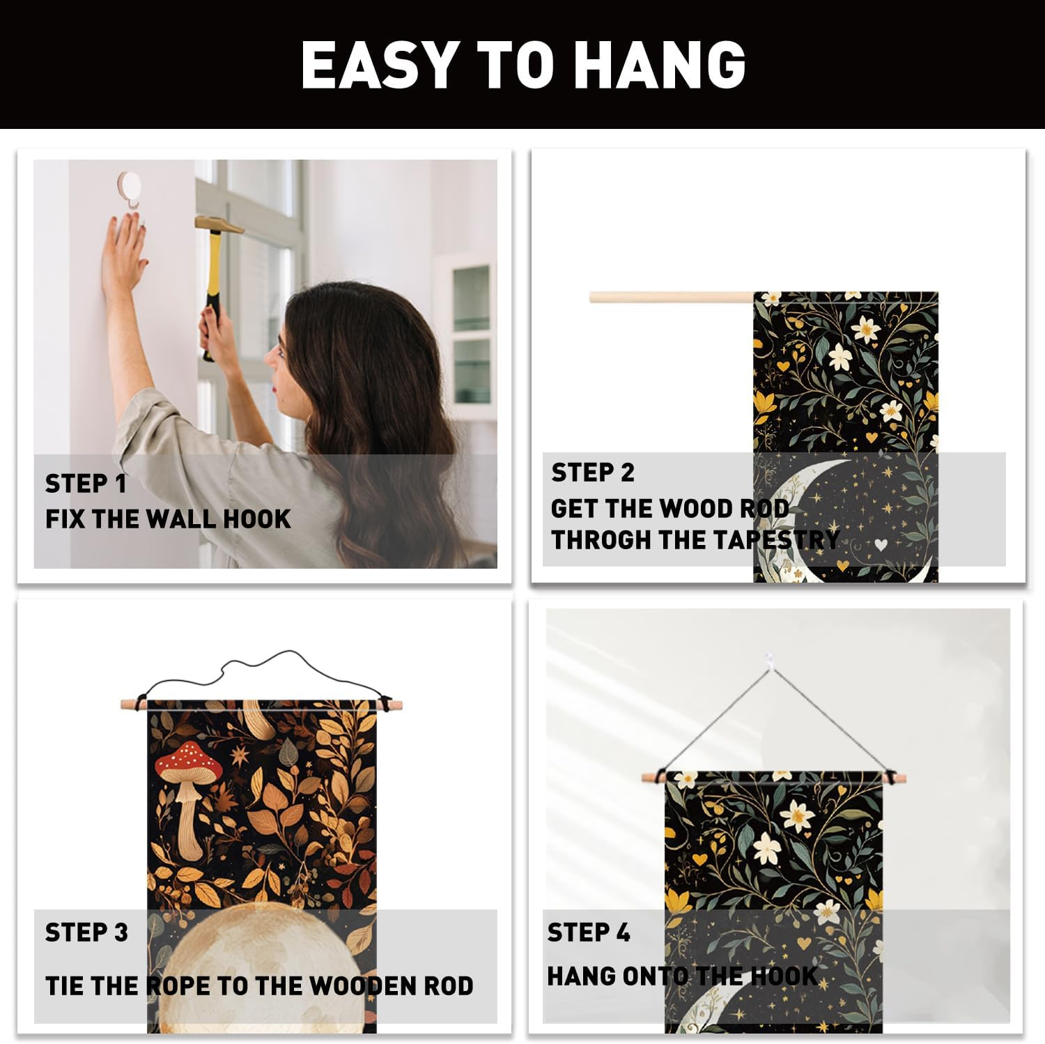 PLIGREAT 2 Pack Moon Tapestry Mushroom and Botanical Tapestry with Tassels Vertical Bohemian Wall Hanging Aesthetic Floral Wall Tapestries for Bedroom Living Room Dorm Room Narrow Home Decor - Blue And Black image number 2