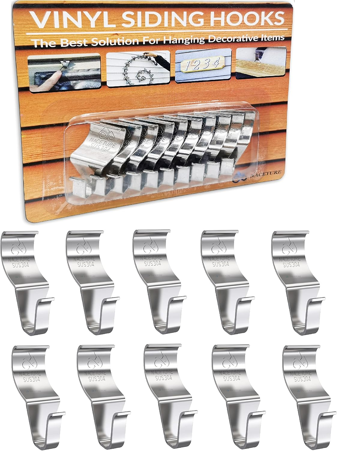 Vinyl Siding Hooks (10 Pack) | Heavy Duty Stainless Steel Outdoor Hooks for Hanging | Patio Siding Hooks for Porch Wall image number 2