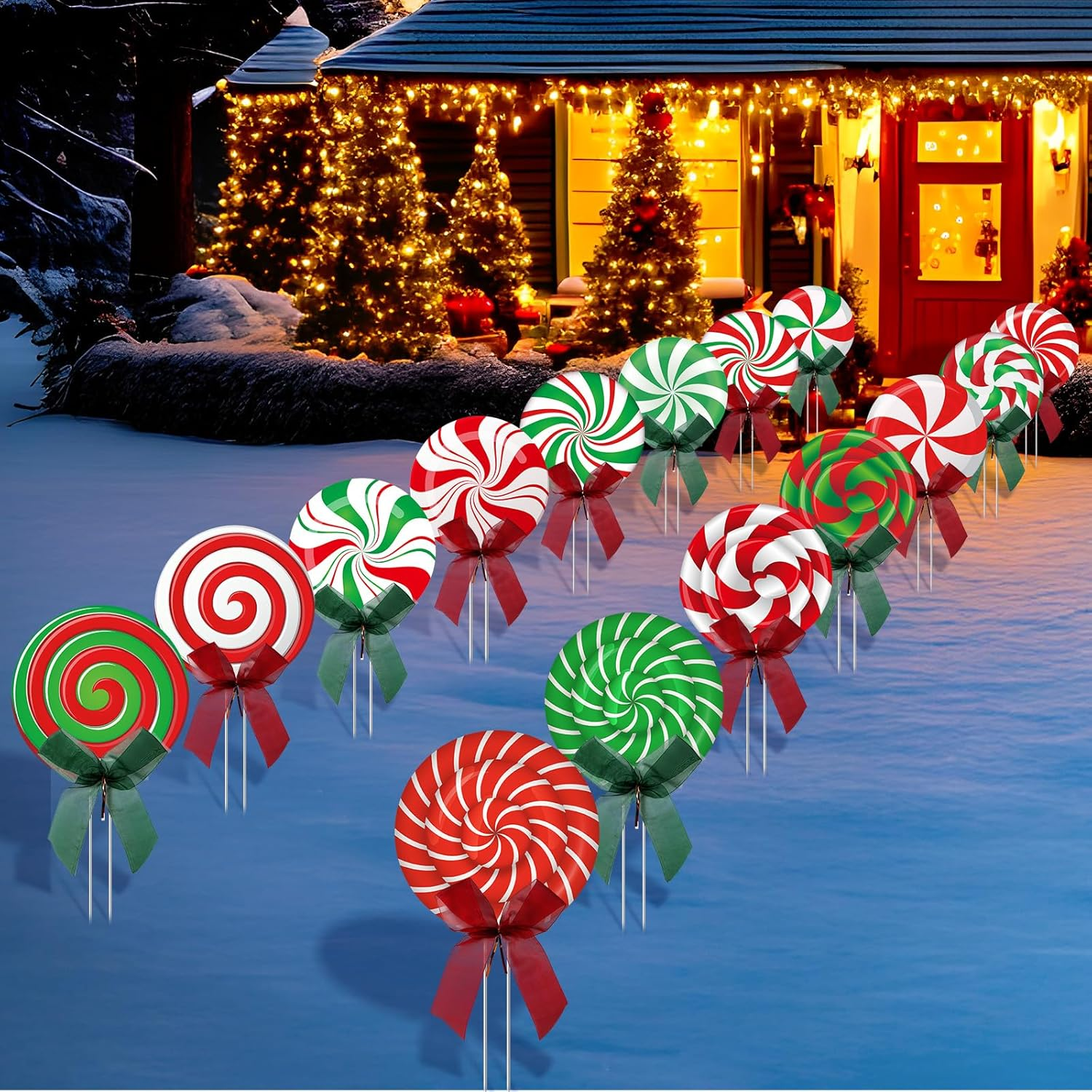 Christmas Outdoor Yard Signs Peppermint Corrugated Yard Decorations with Stakes and Bow Xmas Candy Garden Waterproof Cardboard Lawn Signs for Pathway Walkway Decor (15)