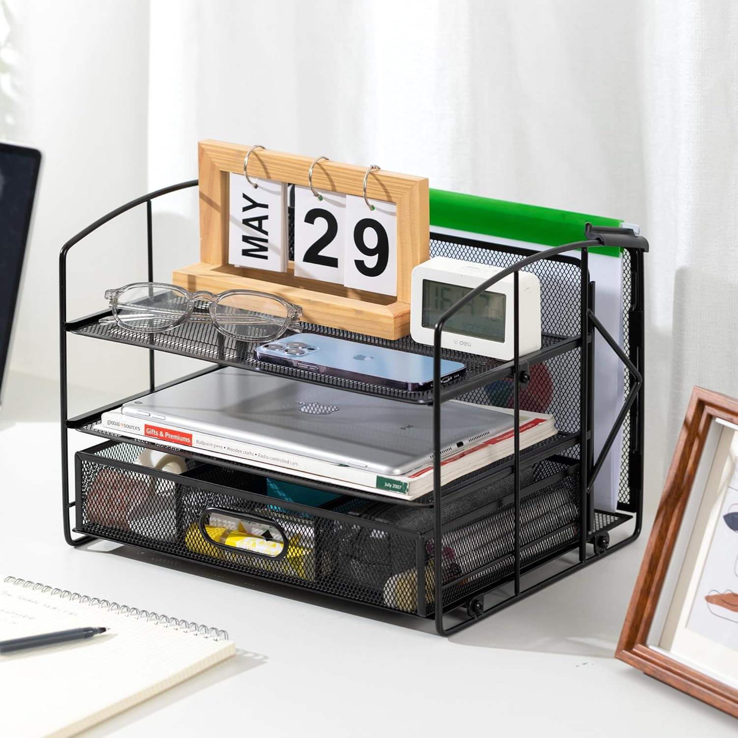 Amazon Basics Rectangular Desk Organizer 3 Tray W/Sliding Drawer and Hanging File Holder, Black image number 4