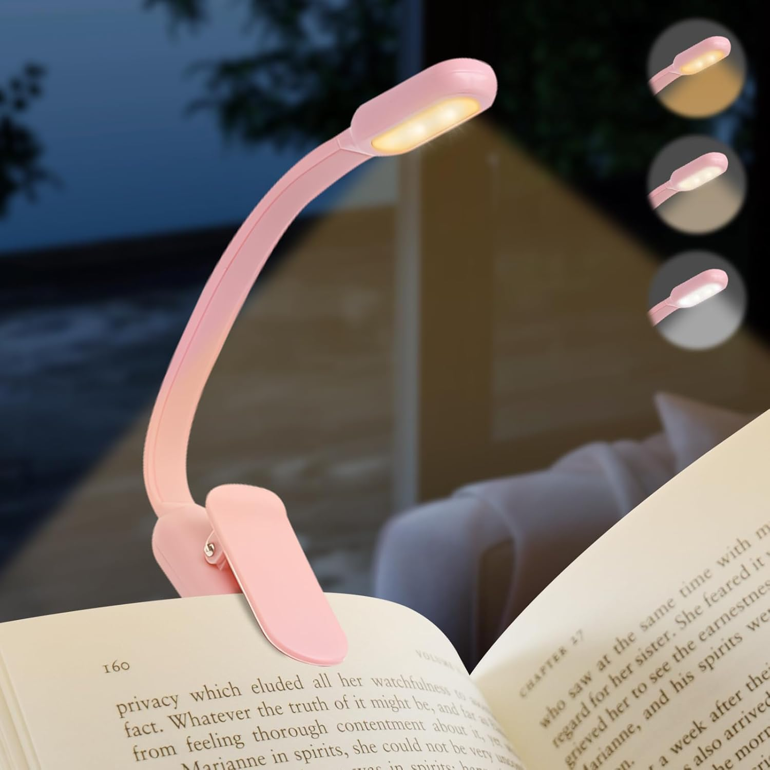 Pearyaest Book Light,Reading Lights for Books in Bed,Clip on Led Reading Light with 3 Colors Modes & Stepless Dimming,Portable Lightweight AAA Battery Book Lamp Long Runtime for Travel, Desk(Pink) image number 5