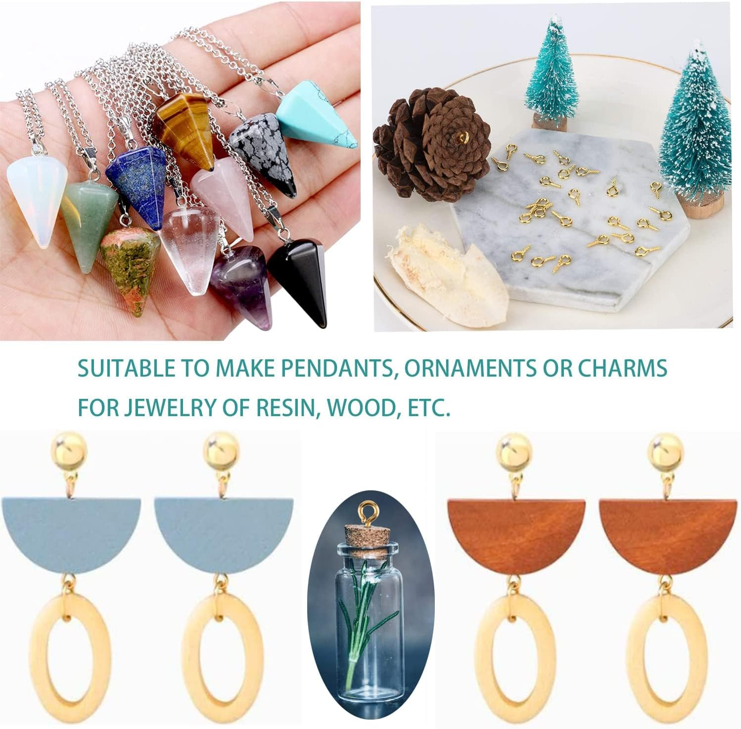 KEWAYO 400Pcs Small Screw Eye Pins, Hooks Eyelets Screw Threaded Silver Clasps, for Cork Top Bottles & DIY Jewelry Making Self Tapping Screws Hooks Ring image number 3