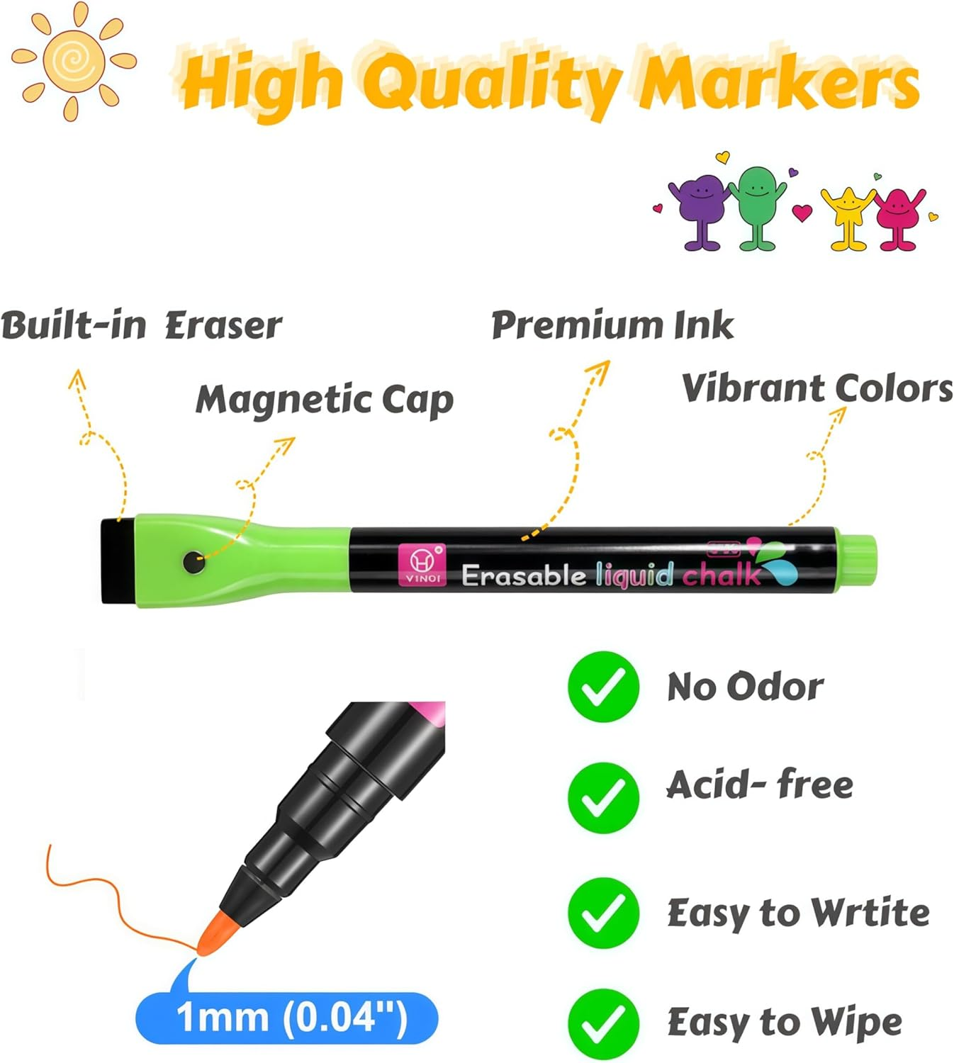 Joiyota 8-Color Acrylic Magnetic Whiteboard Markers Set &ndash; 1Mm Fine Tip & Brush Cap, Liquid Chalk Dry Erase Markers for Whiteboard, Glass, Acrylic Crafts & Chalk Pen Art