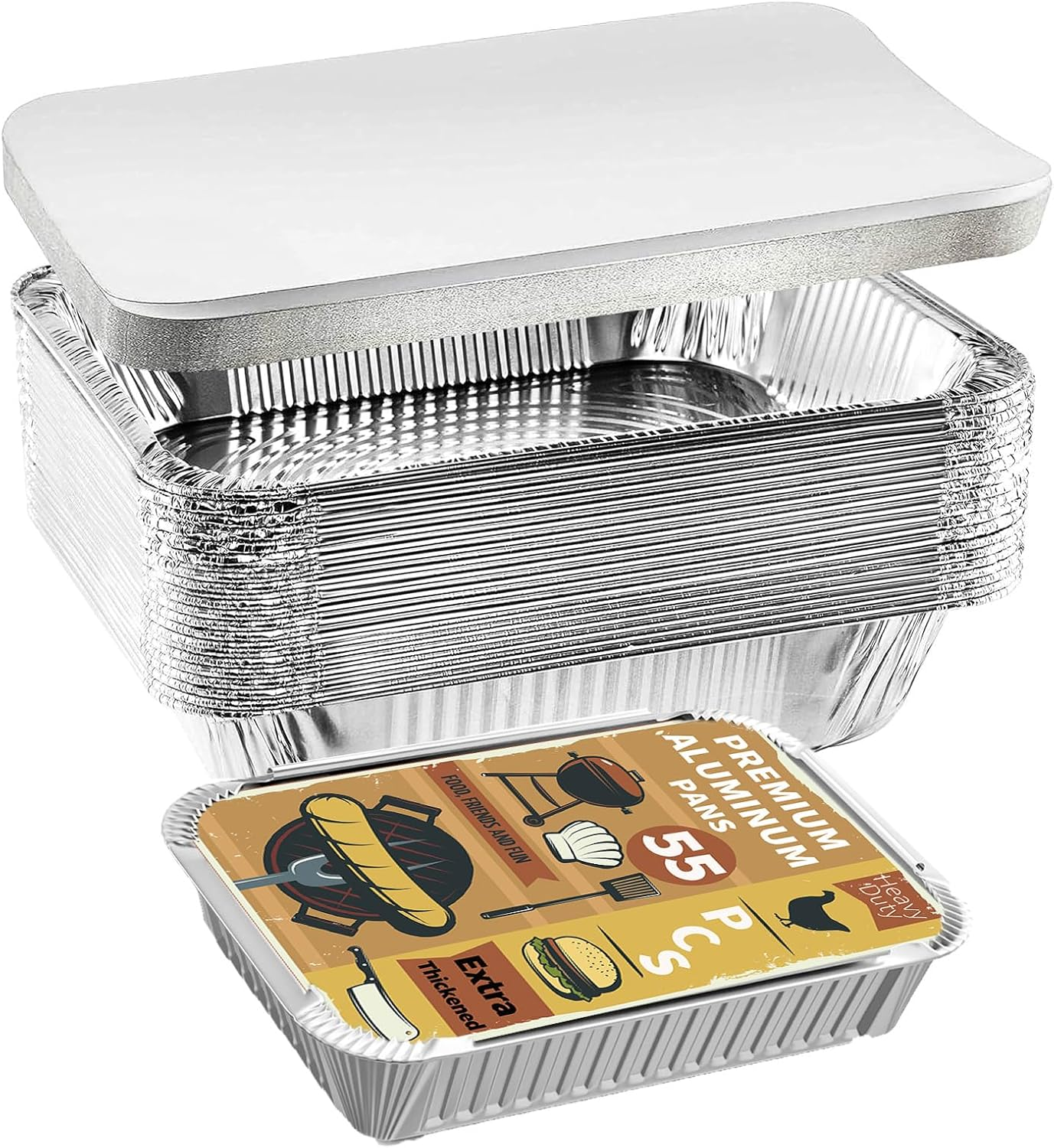 55 Pcs Aluminum Pans, 800Ml Thickened Aluminium Foil Food Container with Lids - 55 Pans and 55 Cardboard Covers, for Baking, Meal Prep and Freezer, Takeout