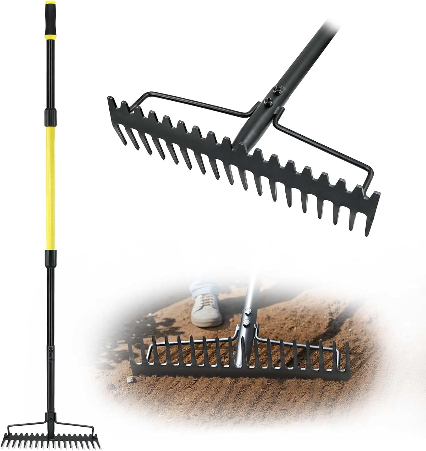 Jardineer Bow Rake Heavy Duty, Long Handle Metal Rakes for Gravel, Rocks, Lawns Leaves, Soil Leveling, Landscaping, Garden Rake with 18 Steel Tines (59 Inches) image number 1