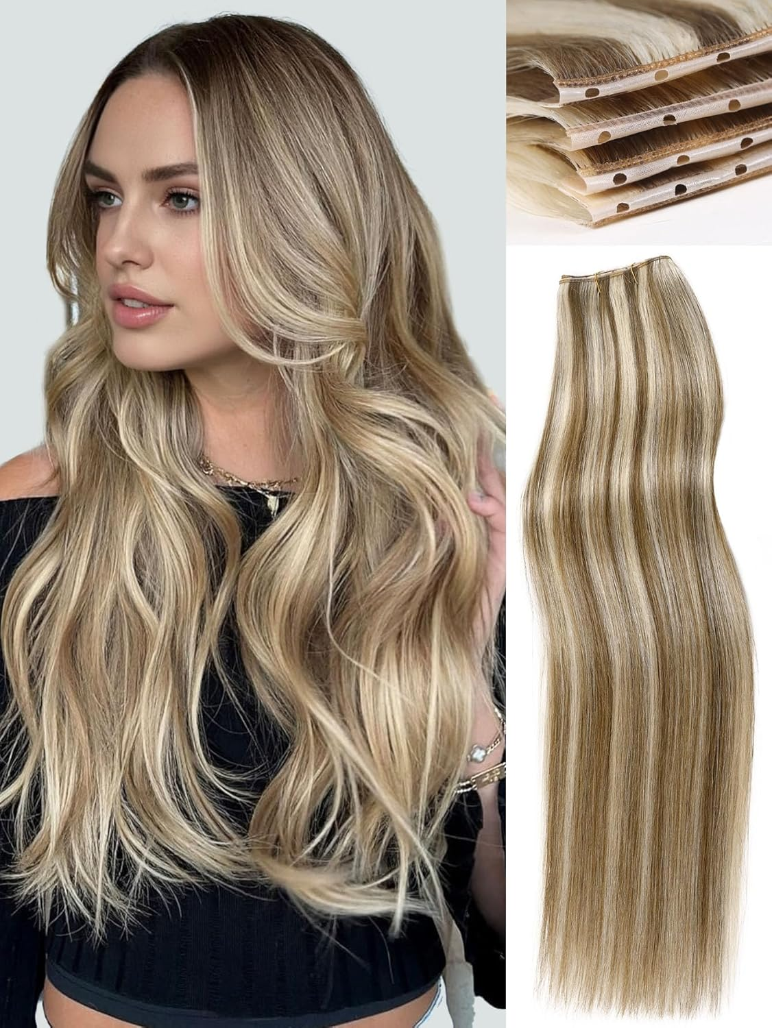 WIGNEE OVO Hair Extensions Real Human Hair Wefts Blonde Ombre 18 Inch Seamless Invisible Glueless Salon Quality with Micro Beads Add Volume & Length for White Women(9A/60) image number 3