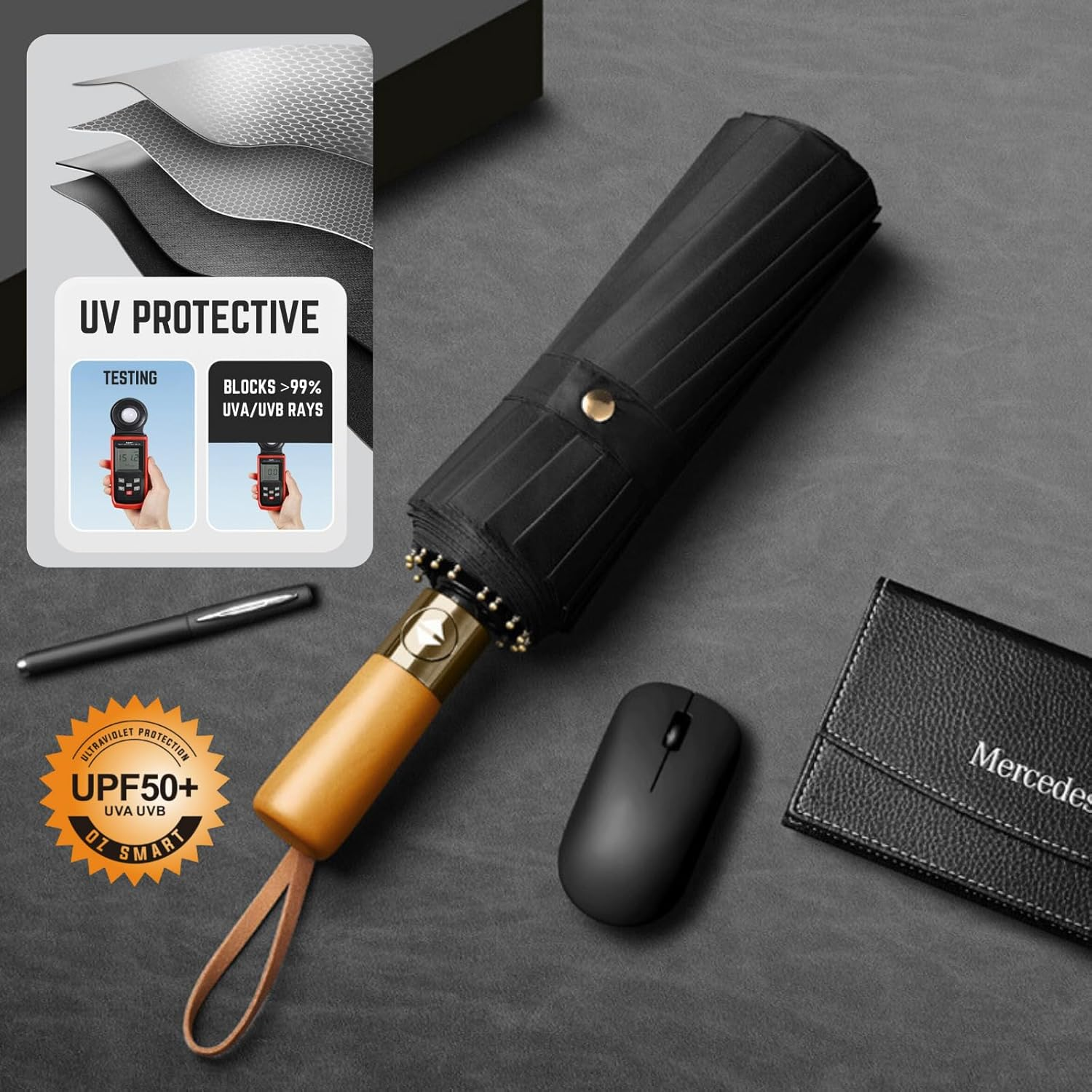 Windproof 12-Rib Auto-Opening Umbrella with Wooden Handle &ndash; Compact Folding Umbrella for Travel, Strong Rain and Sun Protection, UPF UV, Large Portable Golf Beach Parasol image number 5