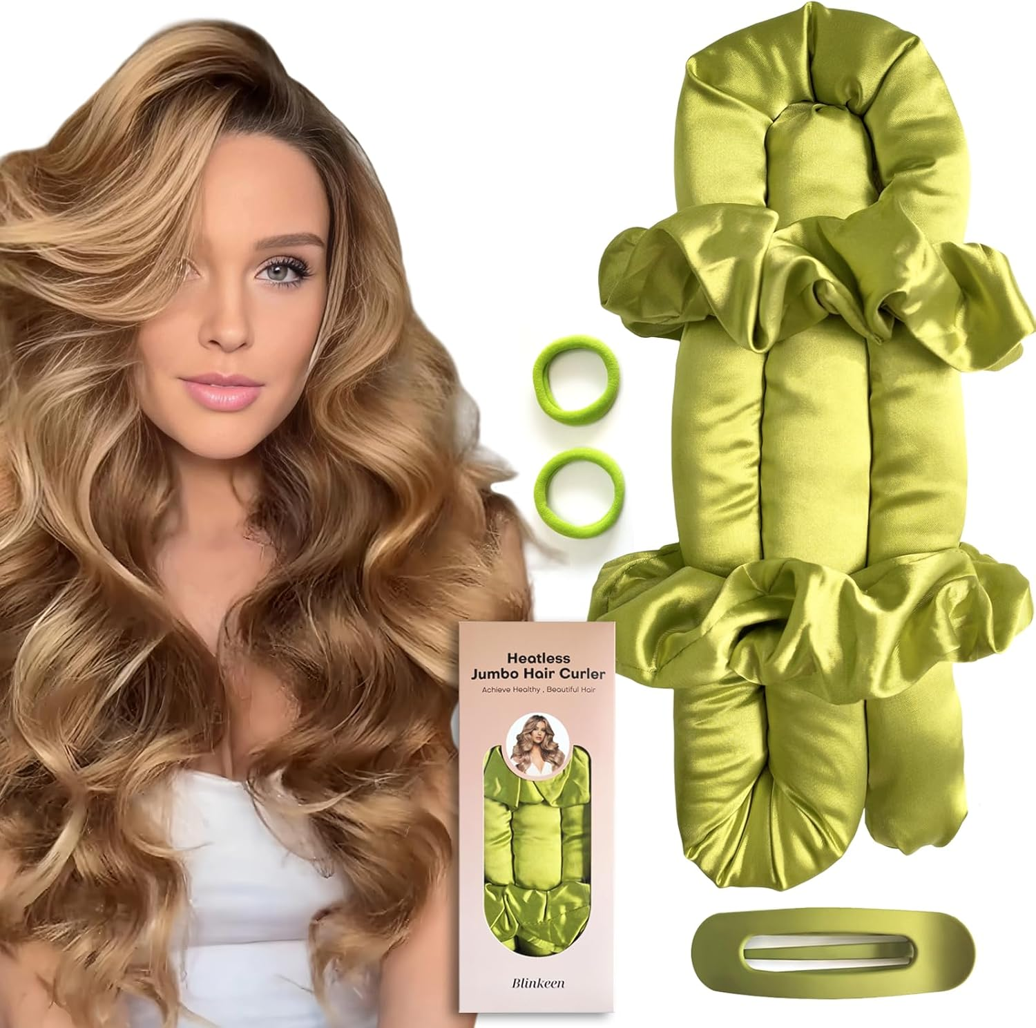 BLINKEEN Jumbo Heatless Hair Curler Set-Satin Heatless Curls Overnight, Jumbo Curling Rod Headband, No Heat Curlers to Sleep in (Brown)