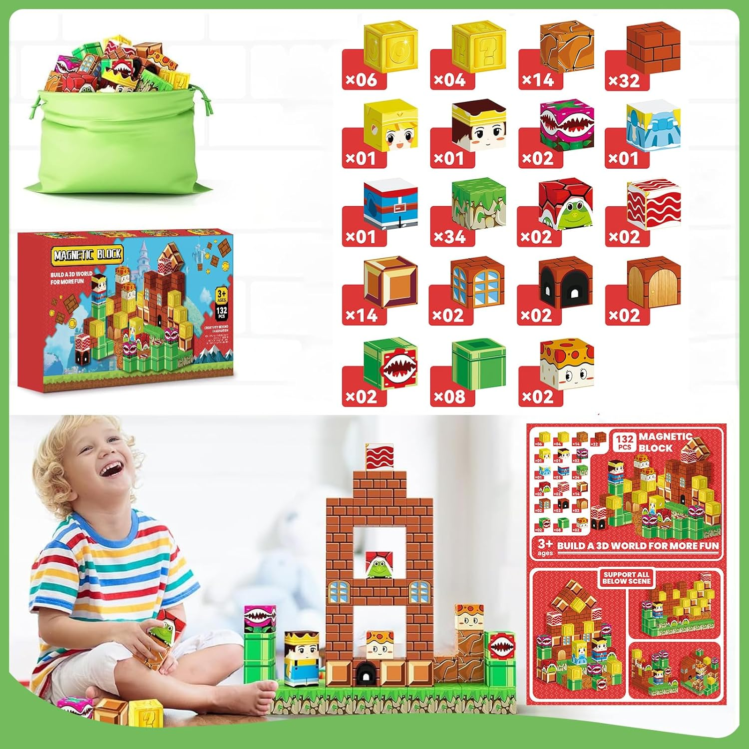 Magnetic Blocks Cubes 132PCS for Boys & Girls Age 3-4 4-5 6-8,STEM Montessori Sensory Toys for Toddlers for 3+ Years Old, Magnetic Construction Toys image number 1