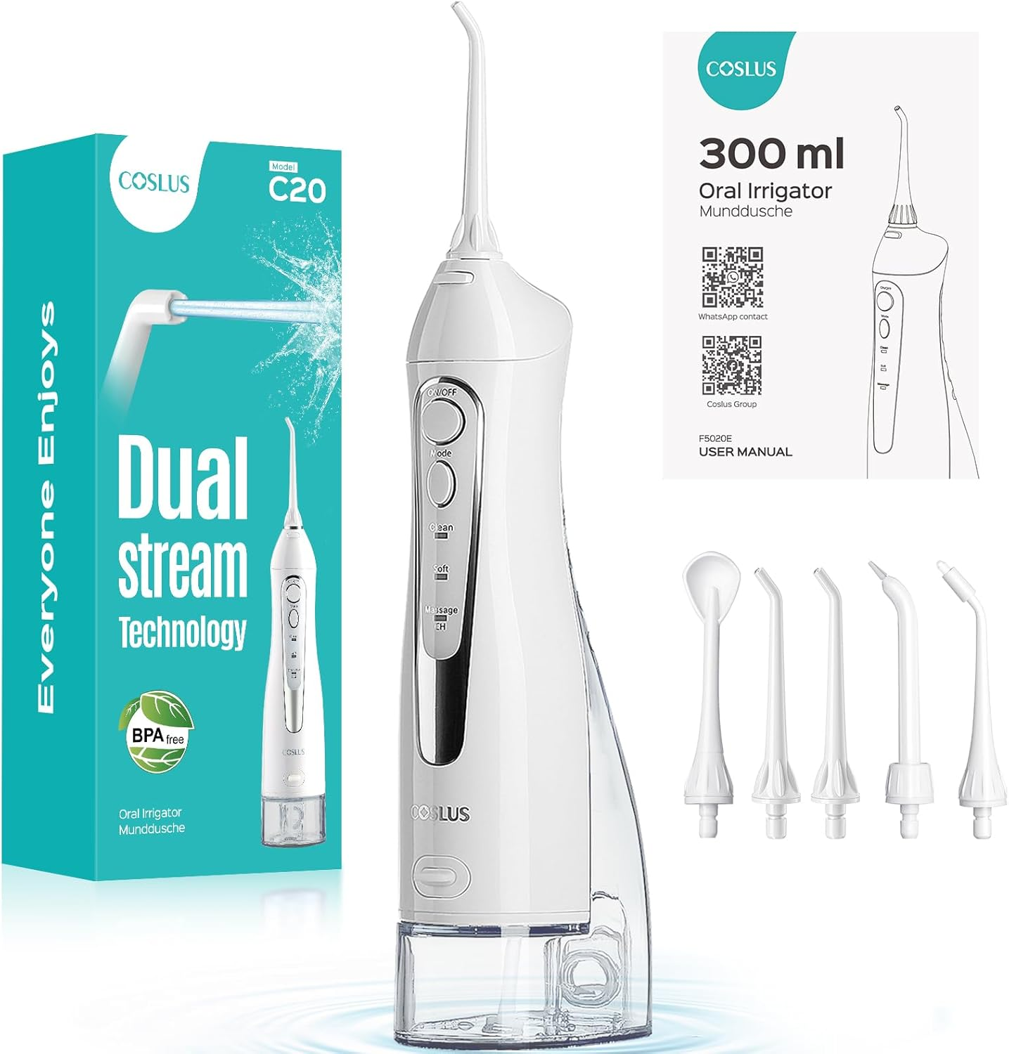 COSLUS Professional Cordless Water Flosser for Teeth, Braces, Gums Care - Daily Deep Cleaning, Rechargeable, Portable for Travel, Waterproof, 300Ml, Bpa-Free, Black, C20