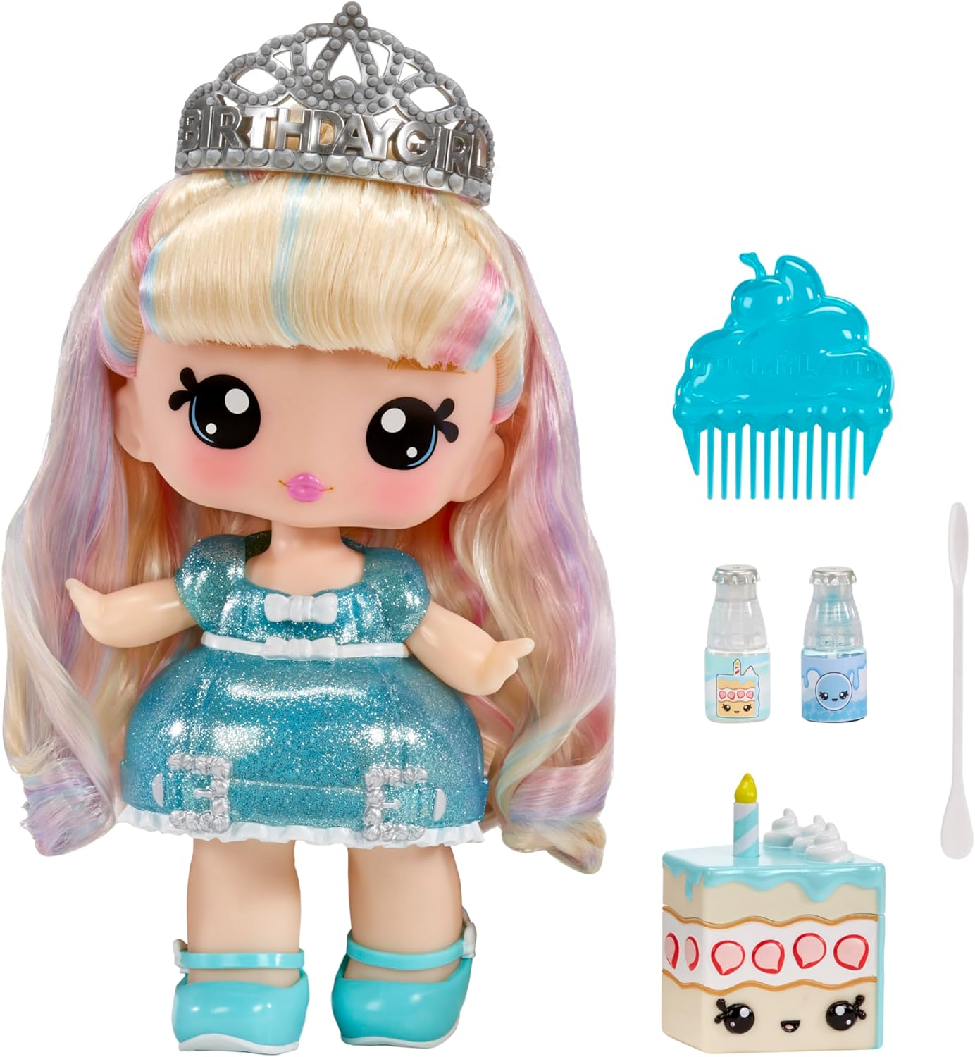 Yummiland Large Doll and Num Nom Lipgloss Pet - Bianca Bubblegum and Cake Slice - Scented Character Doll with DIY Lipgloss Kit - Suitable for Kids Ages 4+