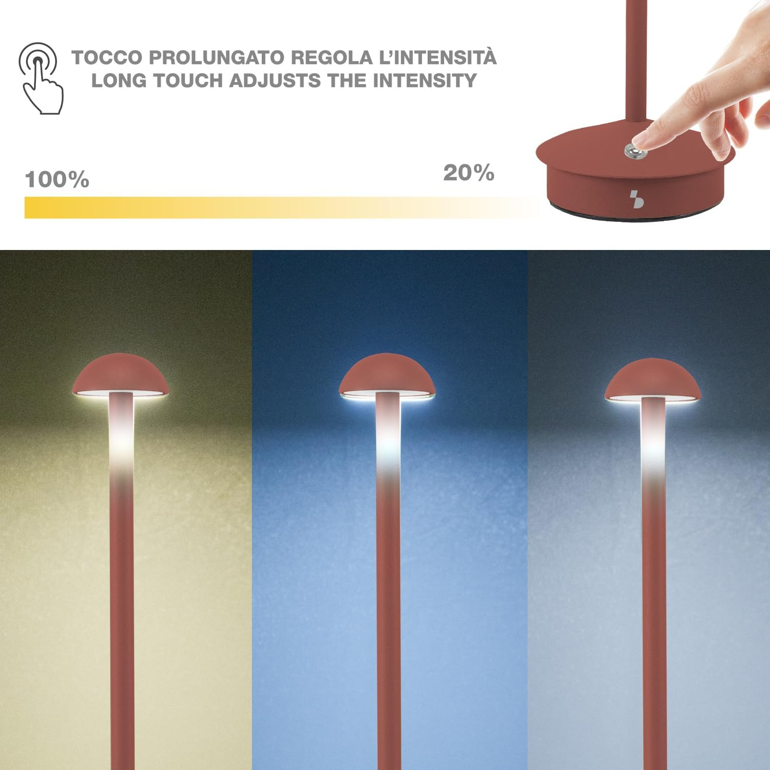 BEPER P207ILI151 Rechargeable Wireless Table Lamp, 3 Colours, Dimmable, USB Type-C Included, Portable for Desk, Bedside or Table. image number 6