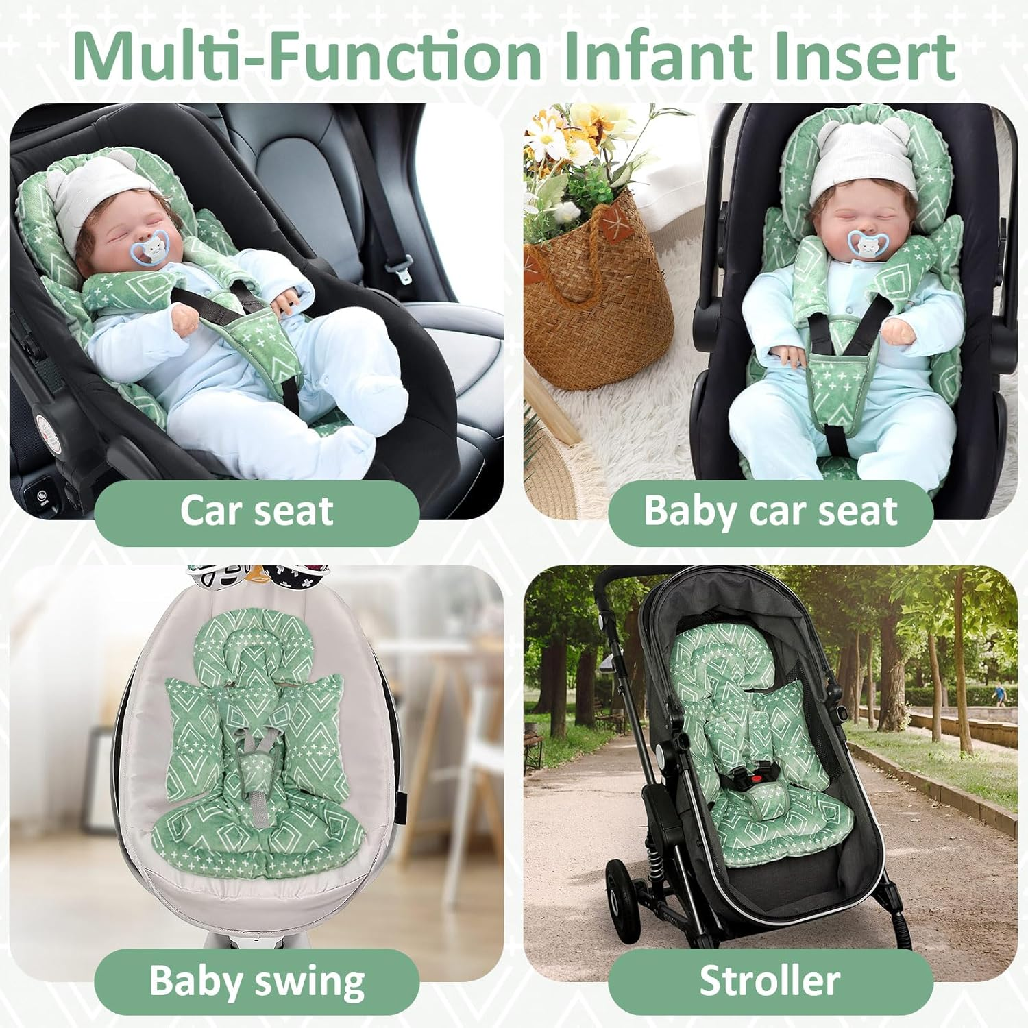 TANOFAR Car Seat Head Support Baby - Infant Car Seat Insert for Newborn Girls Boys - Soft Carseat Head Support for Infant - Newborn Carseat Insert for Car Seats, Strollers, Swings, Bouncer (Green) image number 5