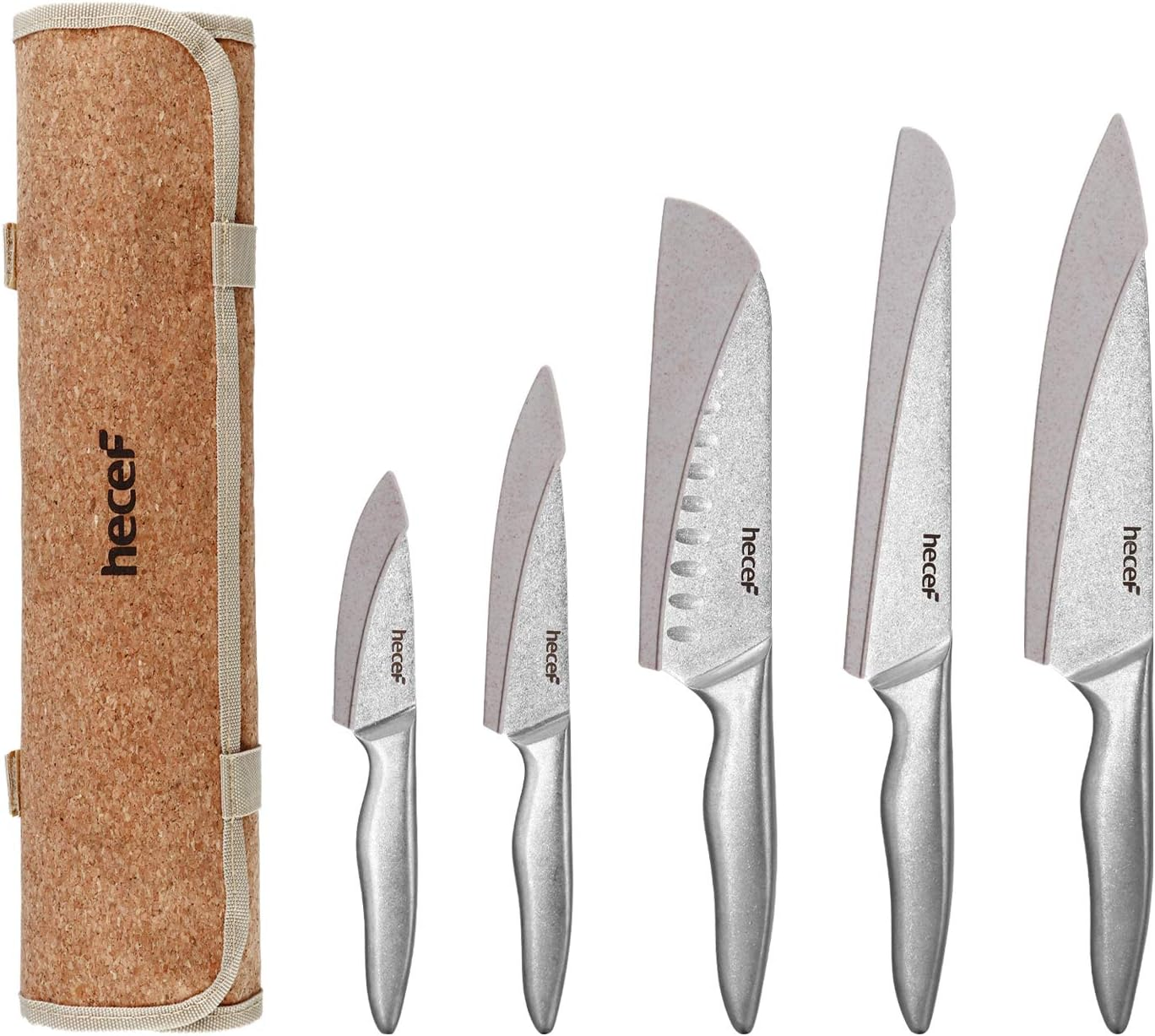 Hecef Vintage Style Kitchen Knife Sets,Scratch Resistant Camping Matte Knives with 5 Slots Recycled Oxford Cloth Knife Roll Bag & Covers,Stonewashed High Carbon Stainless Steel Blades & Hollow Handle image number 2