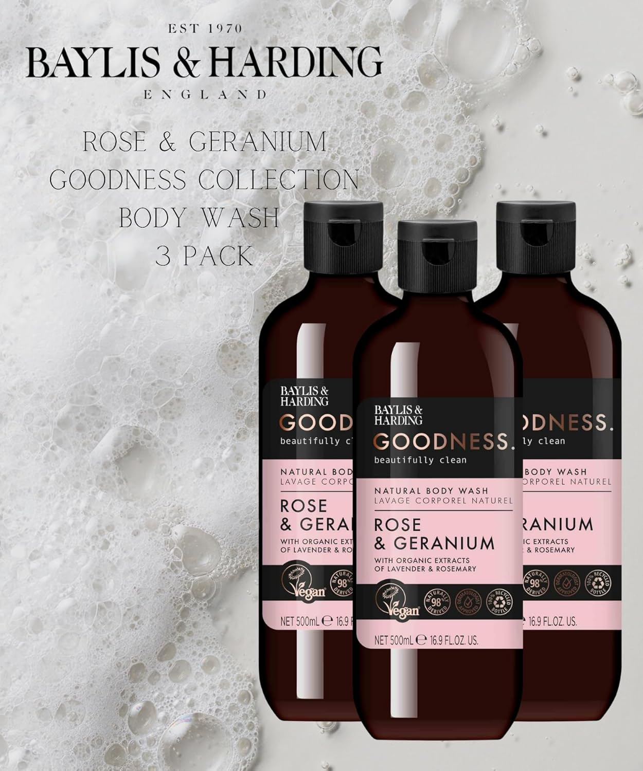 Baylis & Harding Goodness Rose & Geranium Natural Bath Soak, 500Ml (Pack of 3) - Vegan Friendly image number 3
