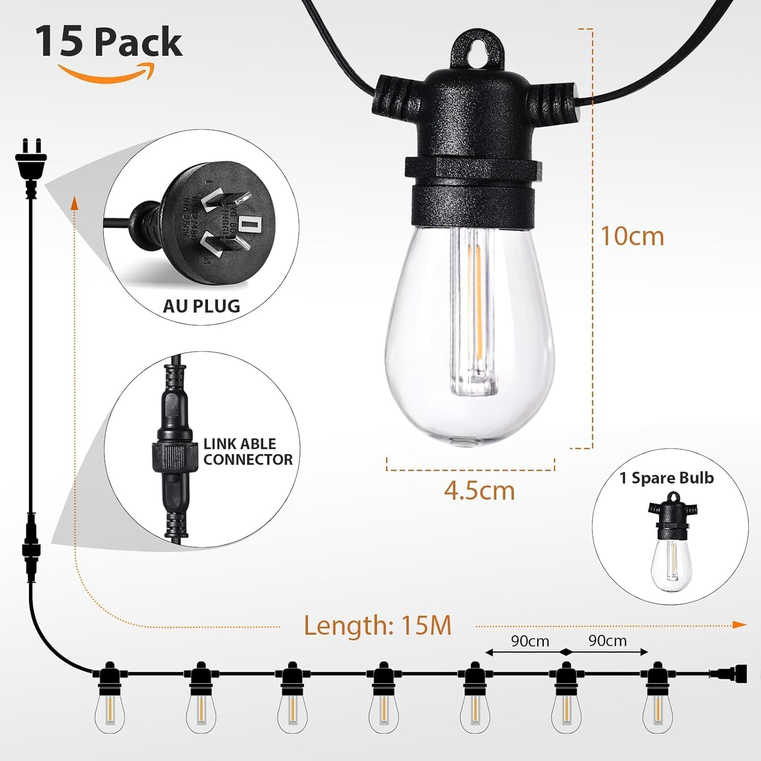BAMDECOR 15M Plugged in Festoon Lights Outdoor LED Outdoor Lights, Christmas String Lights, IP65 Waterproof and Shatterproof Fairy Lights for Garden, Party, Camping(S14) image number 1