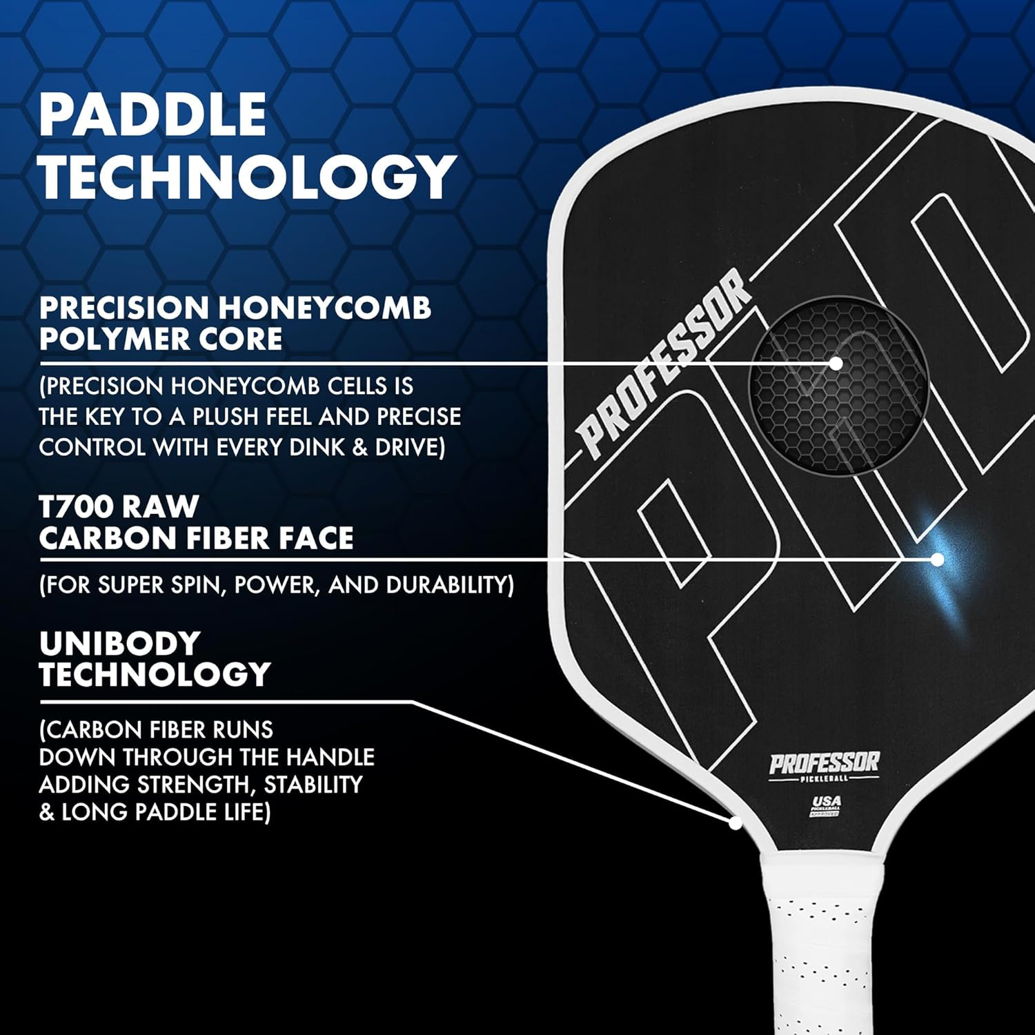 Professor Phd Raw Carbon Fiber Pickleball Paddle - White Edge - C - Phd Pro - Grey Edge image number 4