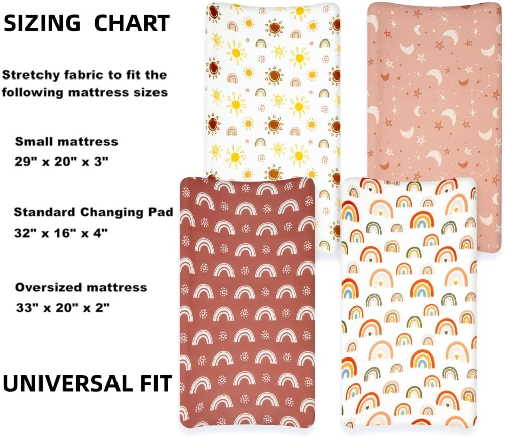 4 Pack Boho Nursery Sheets - Sunshine and Rainbow Design, Neutral Unisex Fitted Baby Changing Pad Cover Sheets for Baby Boys or Girls image number 1