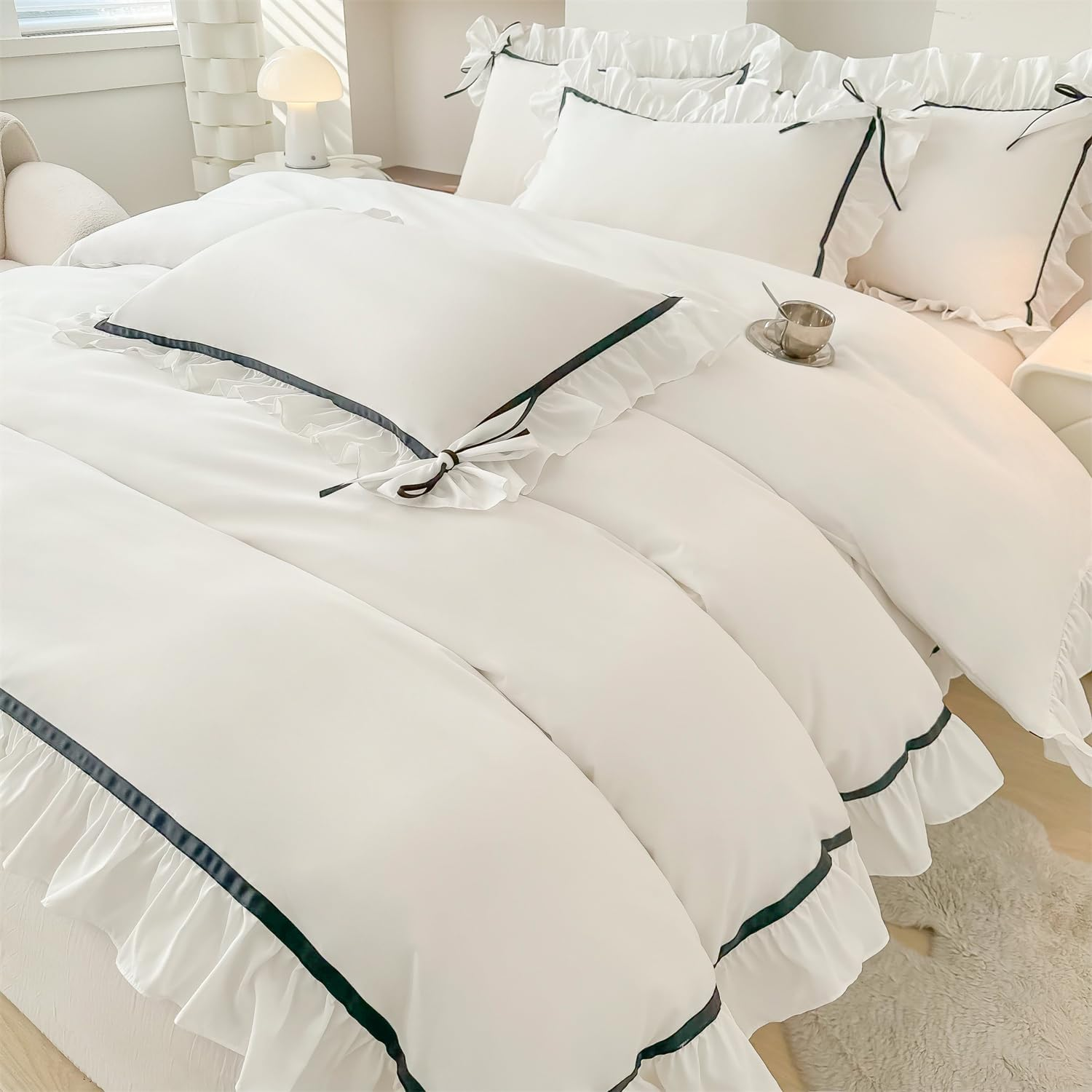 SOUKACH Ruffled Bedding Bow Duvet Cover Set with Butterfly Tie, Soft Brushed Microfiber Shabby Chic Bedding Set with Zipper Closure for Kids Girls-White,Full image number 5