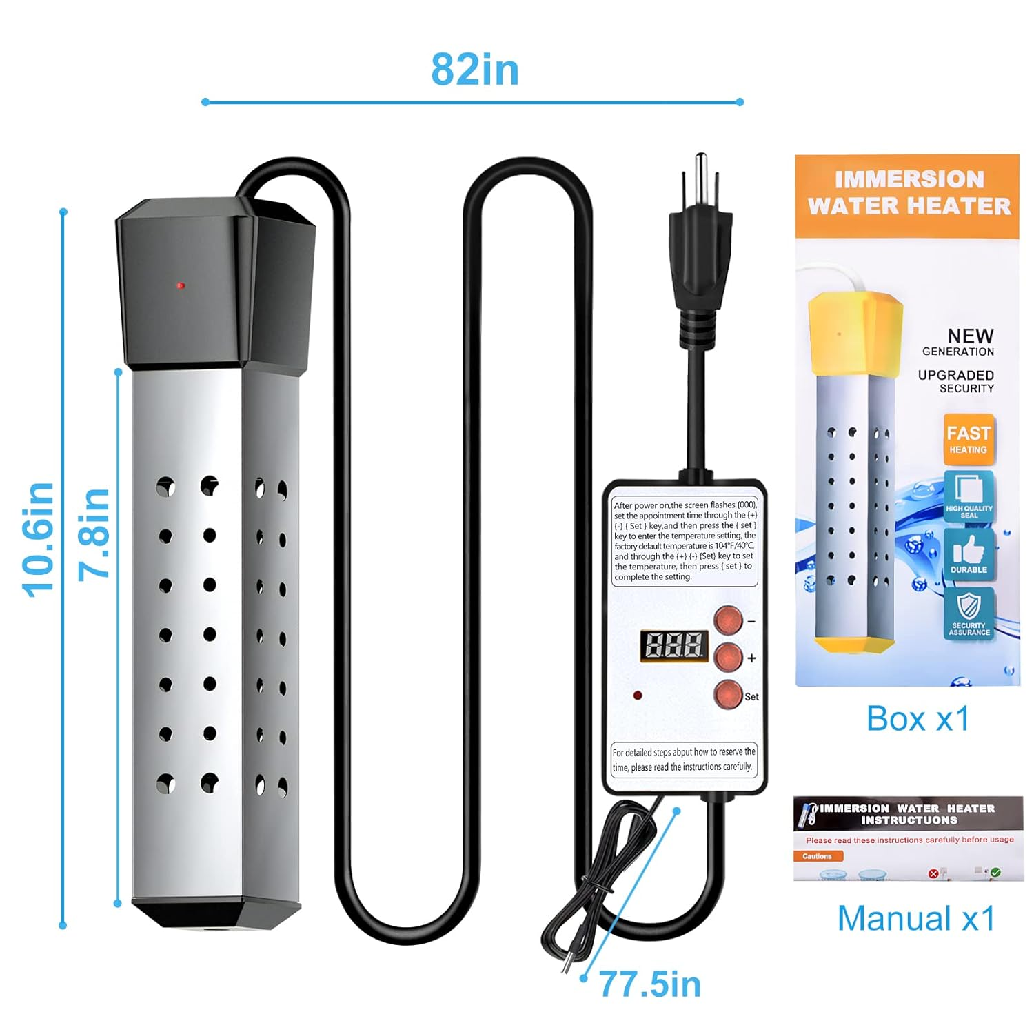 2500W Immersion Water Heater, Cadrim Constant Temperature Model Electric Submersible Water Heater, Stainless Steel Guard Cover and Built in Digital LCD Thermometer, Home Instant Water Heater image number 3
