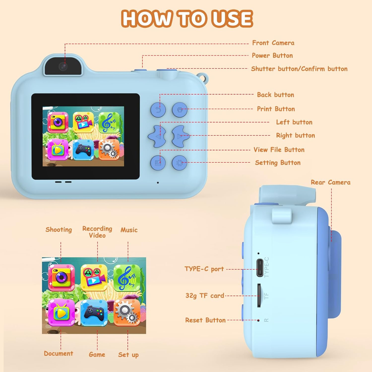 Kids Camera Instant Print, Christmas Birthday Gifts Toys for Girls Boys Age 4 5 6 7 8 9 10 11 12 Years Old,1080P HD Dual-Lens Selfie Digital Camera with 5 Rolls Print Paper Stickers Pens & 32G Card - Pink image number 7