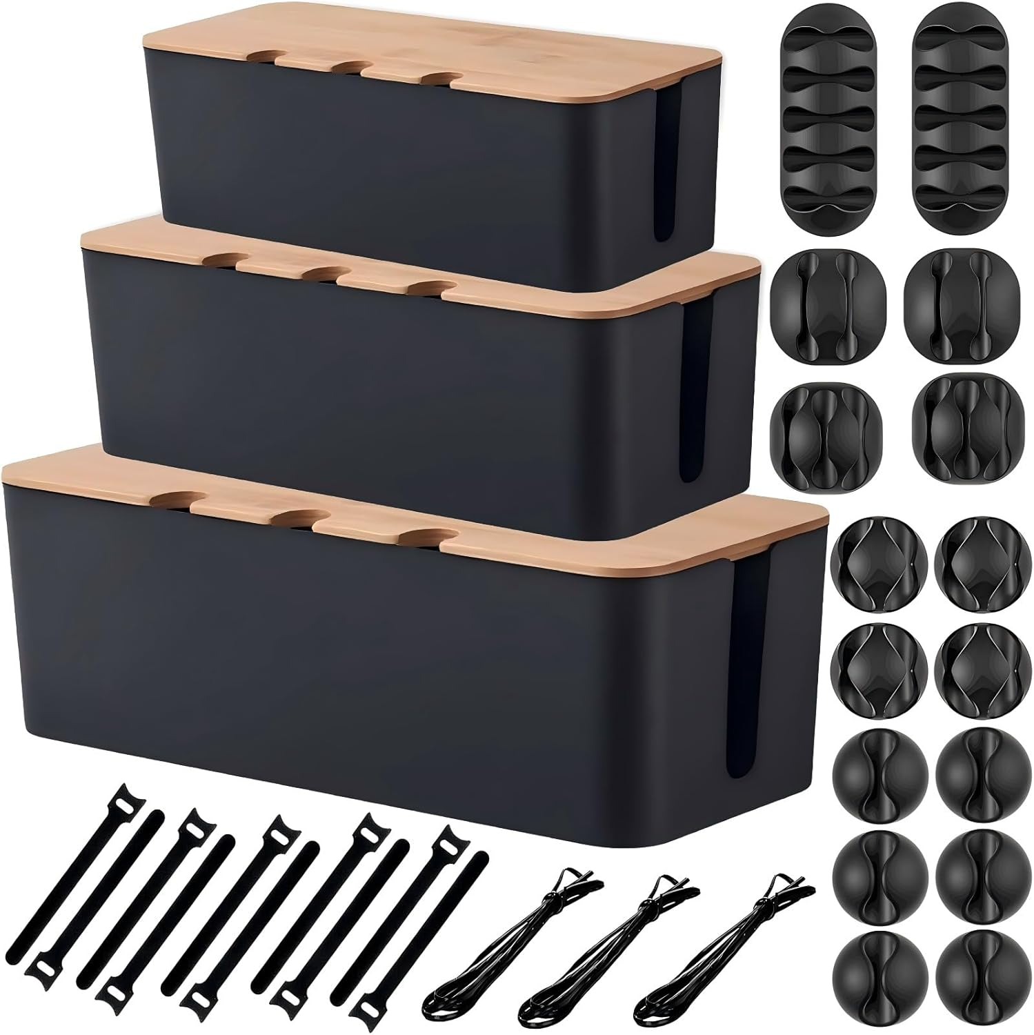 3 PCS Cable Management Box with Bamboo Lid, for TV, Computer, Router, USB Hub and under Desk Power Strip, Safe ABS Material and Baby-Pets Proof Lock, with 10 Cable Ties & 16 Multi-Hole Hubs (Black) image number 2