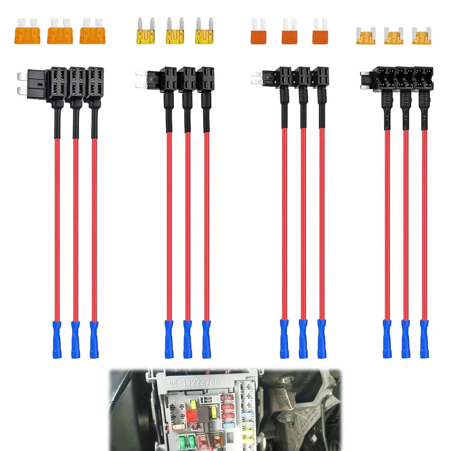 Ruinous 12V Car Add-A-Circuit Fuse Tap Kit, 4 Types (Standard, Mini, Micro2, Low Profile Mini) with 12 Blade Fuses, ABS and Copper, 12 Volts image number 2