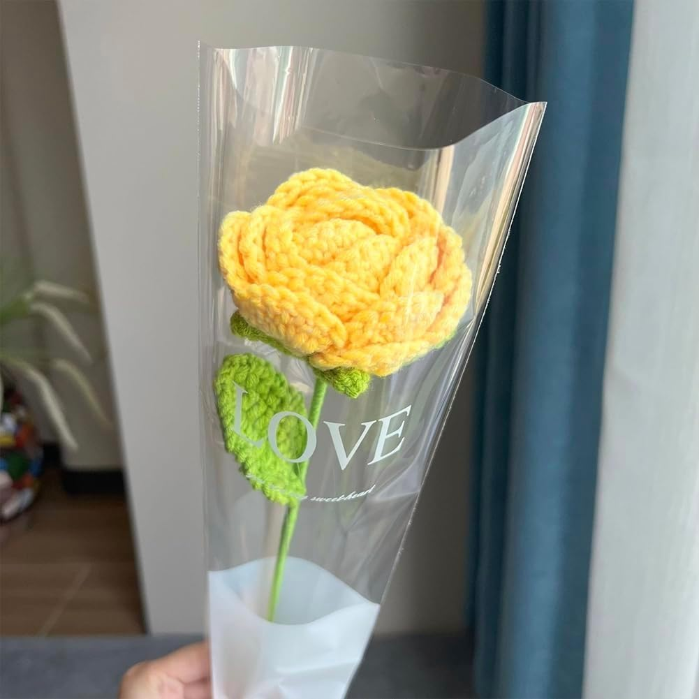 Ozfuns 6 PCS Hand-Woven Roses,Knitting Crochet Flower Bouquet,Crochet Handmade Red Rose Artificial Flowers,Wedding Decor Suitable for Anniversaries Celebrations Birthday Gift (Yellow) image number 2