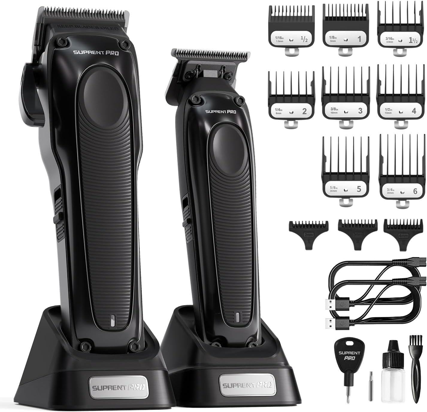 SUPRENT PRO Professional Hair Clippers for Men - DLC Coated Blade with Power Compensator Motor - Cordless Hair Trimmer Set for Barbers with Charging Base - Premium Hair Clipper Kit (Black) (Black)