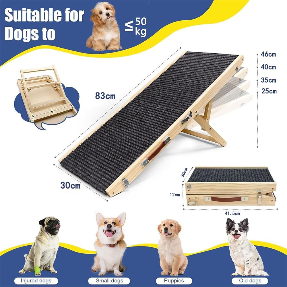 Folding Wooden Dog Ramp for Bed, Sofa & Car &ndash; Lightweight, Non-Slip, Portable Pet Ramp for Small to Medium Dogs &ndash; Easy to Store & Carry