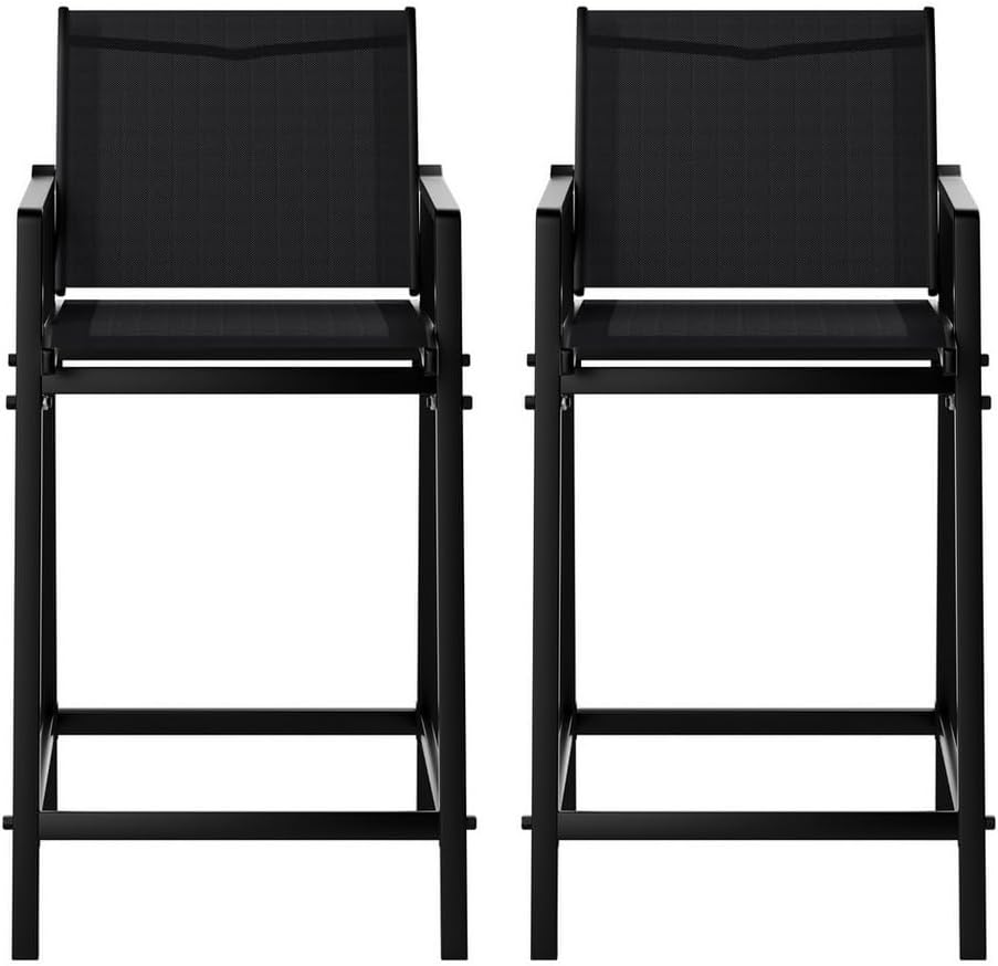 Gardeon Outdoor Bar Stools Set of 2, Dining Chairs with Armrest and Footrest, Patio Furniture for Garden, Bistro, Lawn, Poolside, Backyard, Kitchen, Steel Textilene Fabric, Black