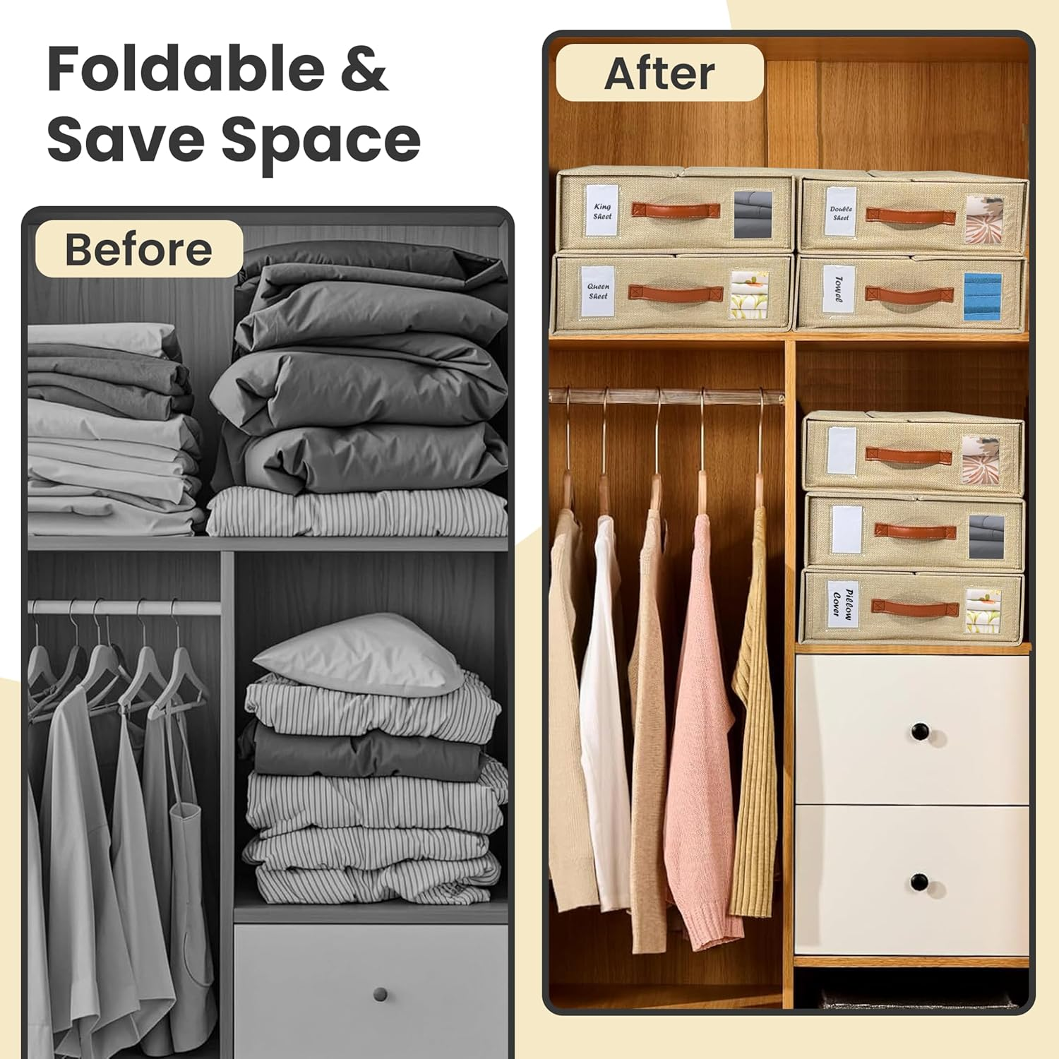 4Pcs Bed Sheet Organizer - Linen Storage Bedding Wardrobe Organizer Box with Zip for Sheets (King & Queen Size)-Duvet Covers-Home Storage & Organisation (Beige) image number 2