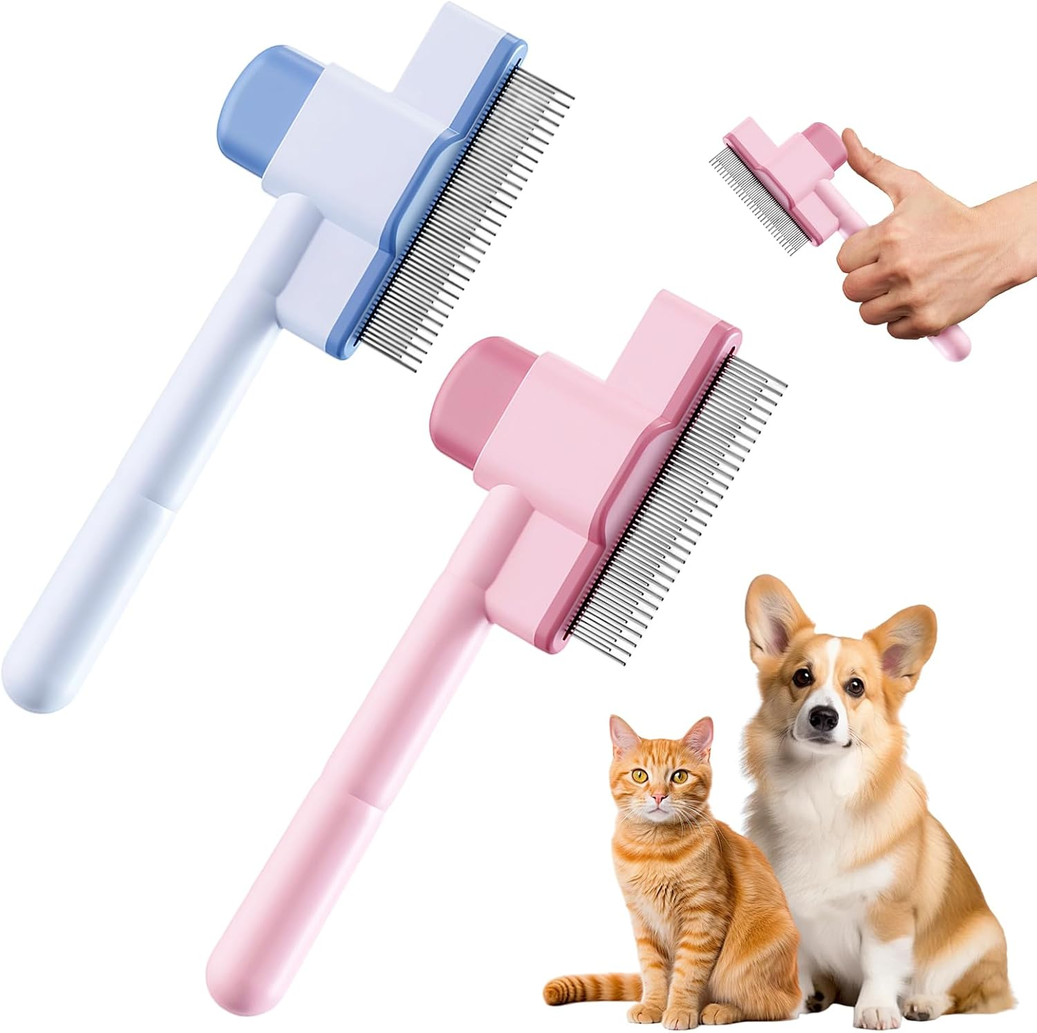 Pein Pack of 2 Cat Brush, Flea Comb Dogs and Fur Flash Brush Cat, Pet Combs with Release Button, Self-Cleaning Flea Comb for Dogs Cats, for Removing Hair and Knots image number 5