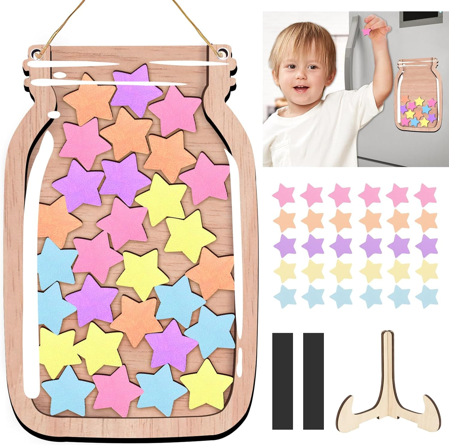 Reward Glass Magnetic Reward System Children'S Reward System Primary School Teacher Supplies Reward Glass with Wooden Holder and 20 Stars, 14.5 X 21 Cm Reward Glass Classroom for Good