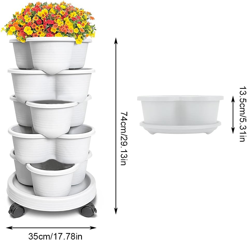 5 Tier Vertical Garden Strawberry Stackable Planters Herbs Petunias Pancy, Vegetable Planter Indoor Outdoor Gardening Pots with Removable Wheels and Tools (White) image number 6