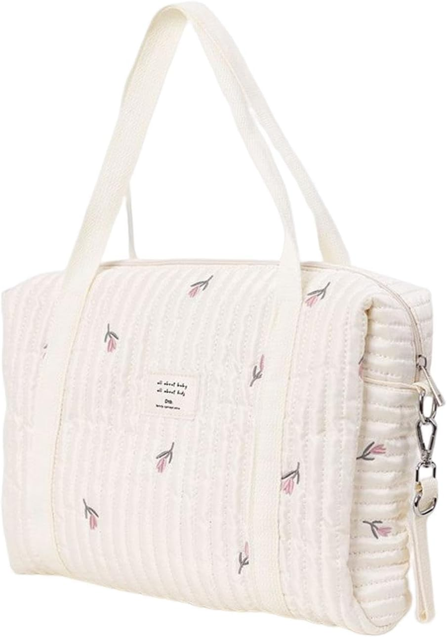 Baby Nappy Changing Tote Bag, Embroidery Baby Nappy Changing Tote Bag,Stylish Large Capacity Cotton Baby Changing Bag, Fashion Portable Quilted Cotton Bag for Weekend Vacation