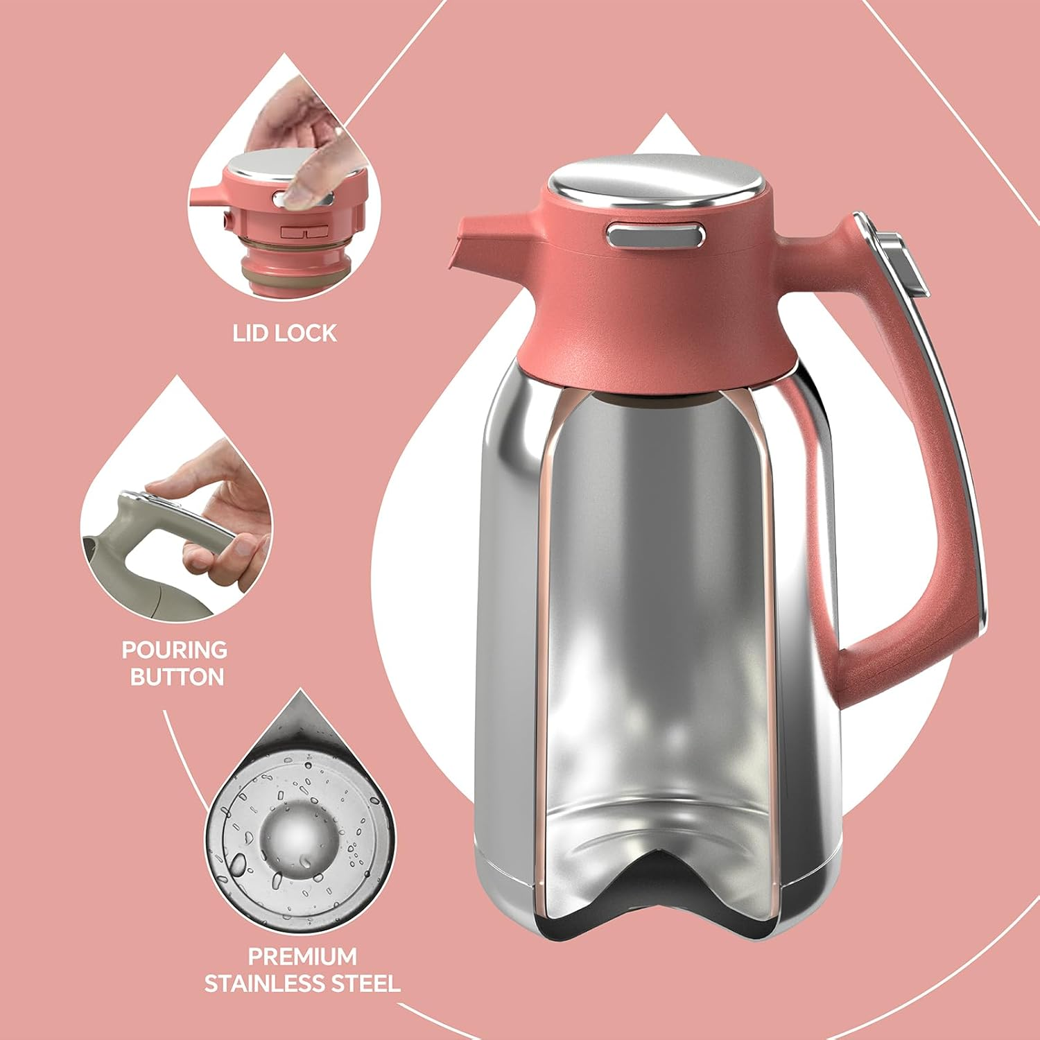 IDEUS Vacuum Insulated Coffee Carafe, 68 Oz (2 Liters) Stainless Steel Milk Jug Thermal Tea Pot Hot & Cold Water Beverage Dispenser (Coral)