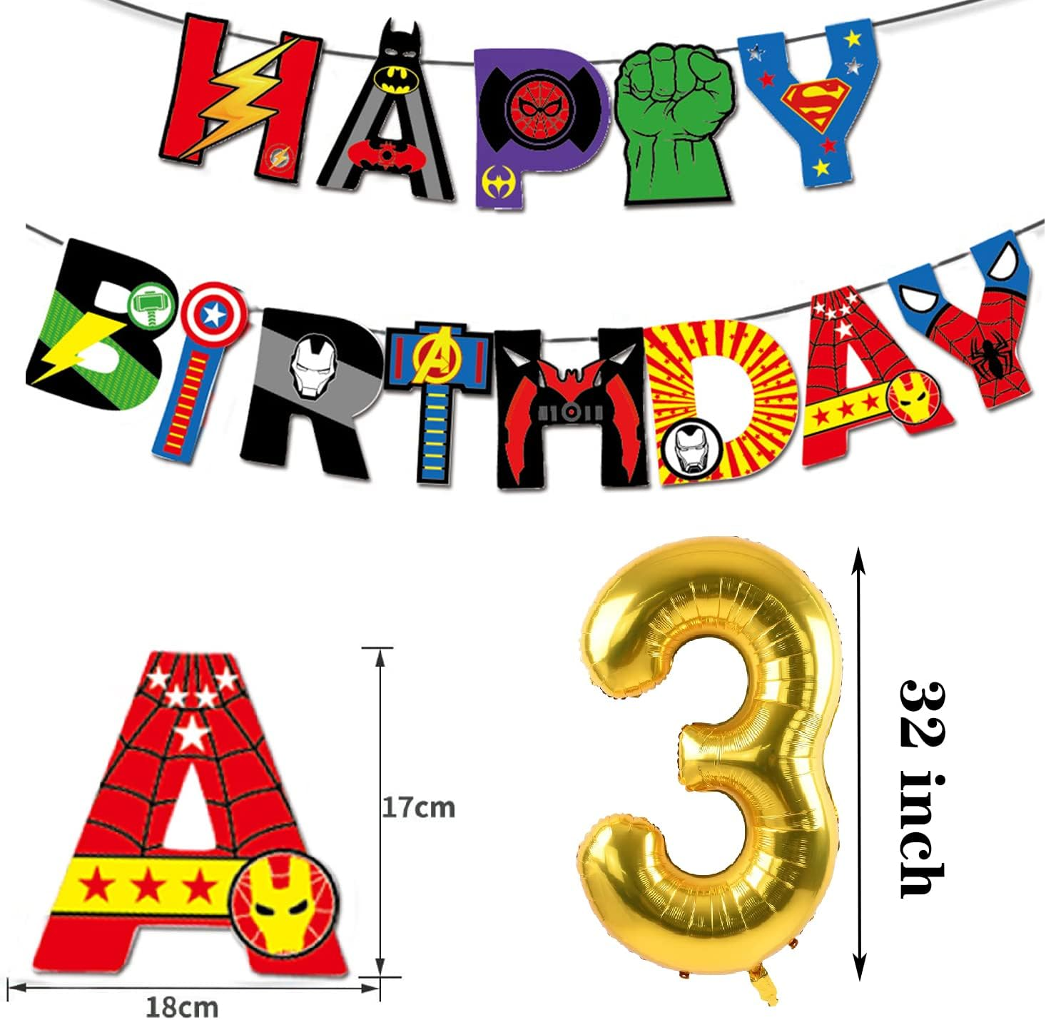 Superhero Birthday Party Decorations,3Th Birthday Party Supplies - Happy Birthday Banner Super Hero Large Foil Balloons for Kid'S Boys, Girls Superhero Themem Party Decor Supplies(3Rd) image number 1