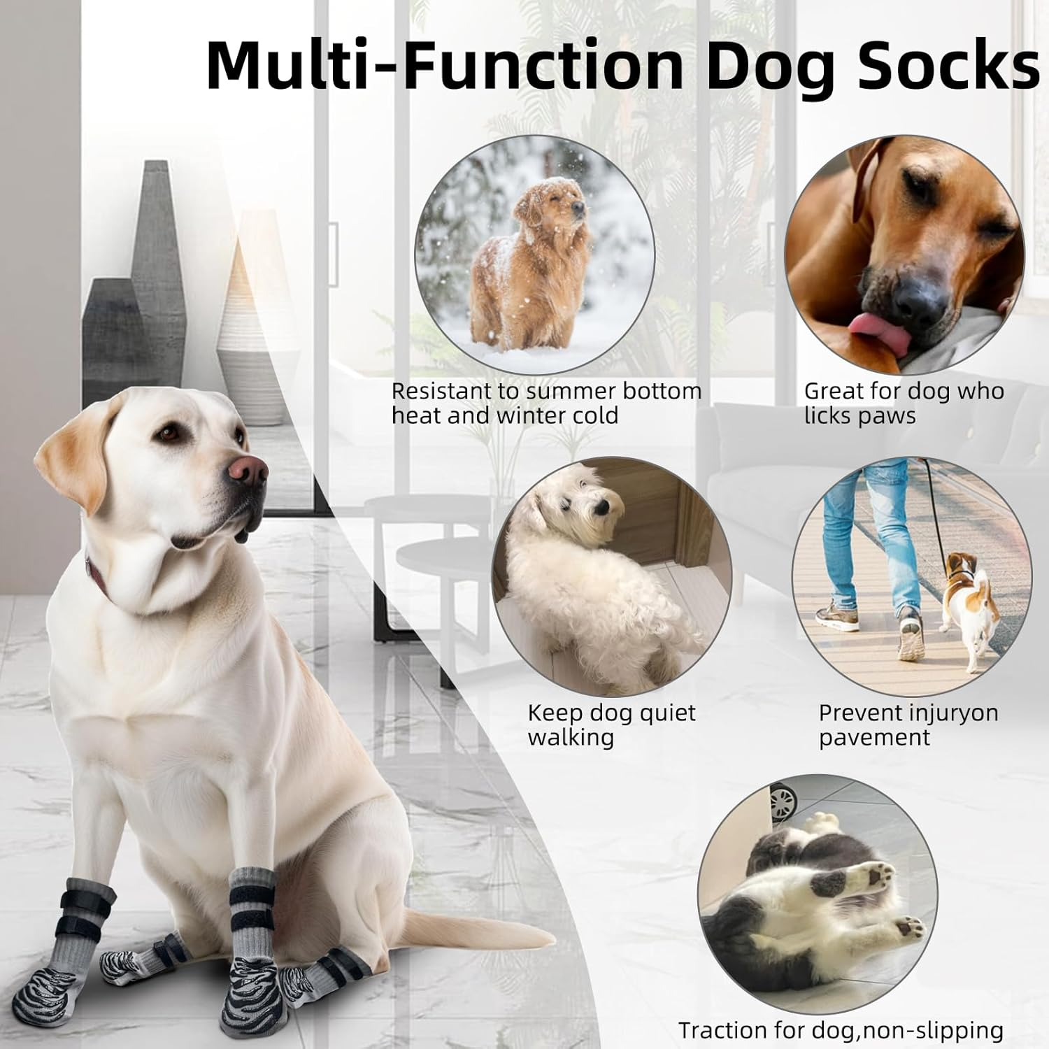 Anti-Slip Dog Socks with 2 Adjustable Straps for Hardwood Floors and Pavements, Paw Protection for All Breeds (Grey, M) image number 6