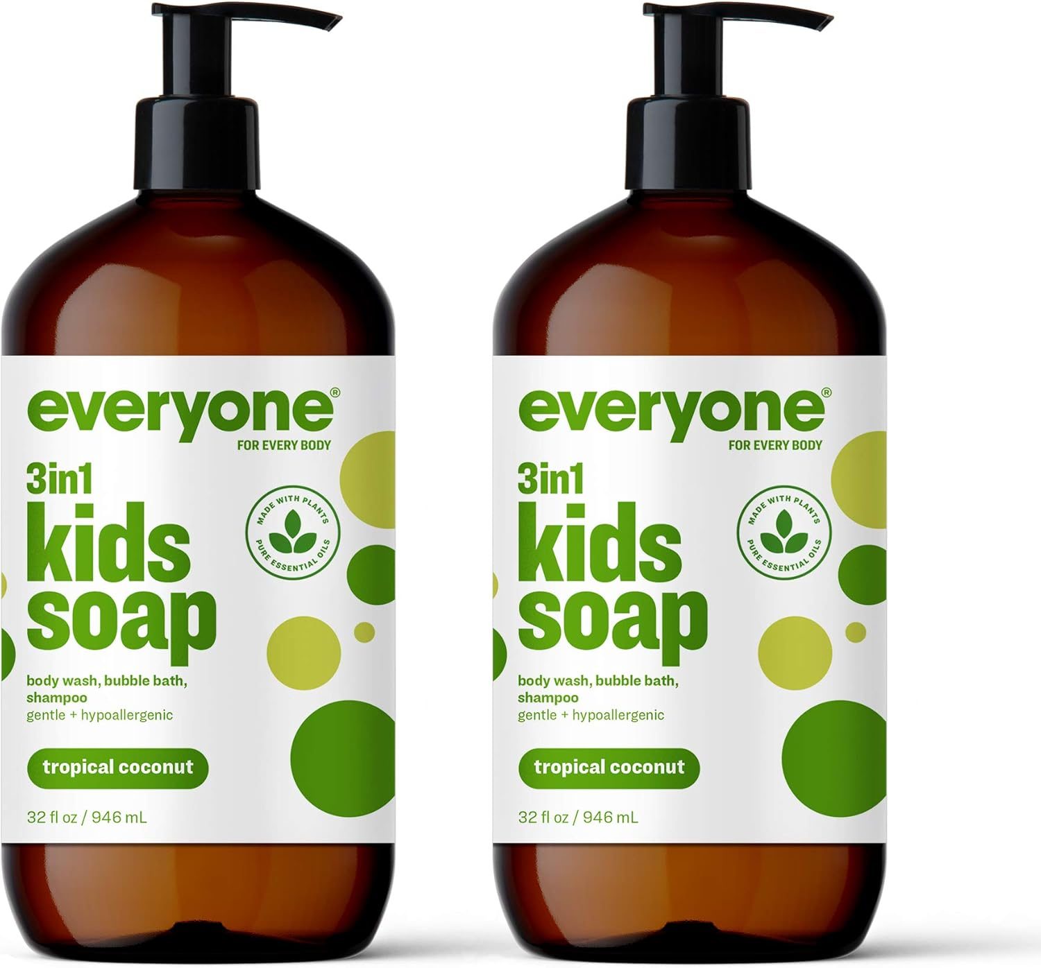 Everyone 3-In-1 Kids Soap, Body Wash, Bubble Bath, Shampoo, 32 Ounce (Pack of 2), Tropical Coconut, Made with Essential Oils for Toddlers, Tweens and Teens