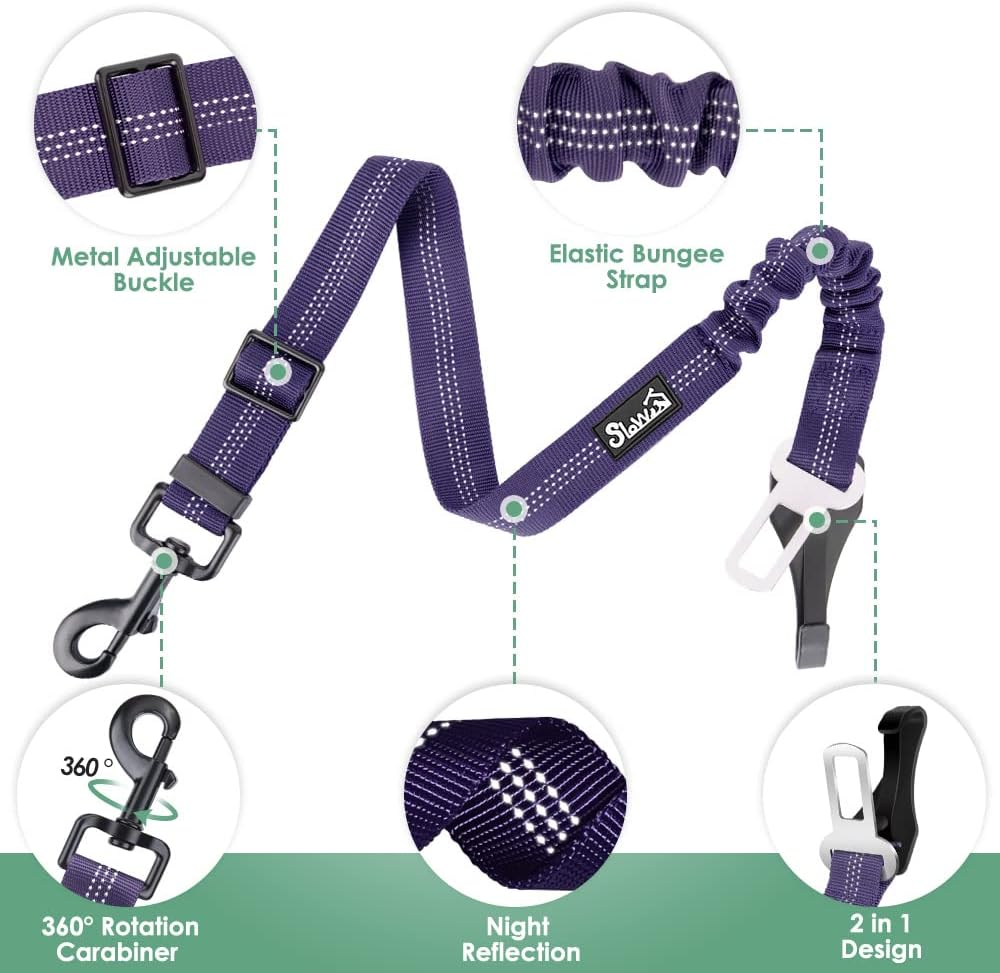 Slowton Dog Seat Belts for Car, 2 Packs Safety Dog Car Seat Belt Latch Bar Attachment Metal Buckle Dog Car Seatbelt Vehicle Trip Travel for Dogs Heavy Duty Elastic Tether for Daily Use in Car