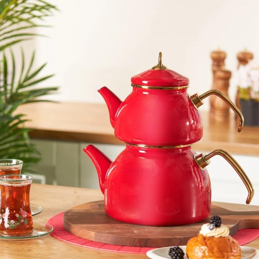 Karaca Retro Enamel Teapot Set, Red, Suitable for Induction, Tea Maker, Kettle, Tea Infusion 1.1 L, Water Jug 2.3 L, Turkish Tea Kettle, Tea Maker, Caydanlik