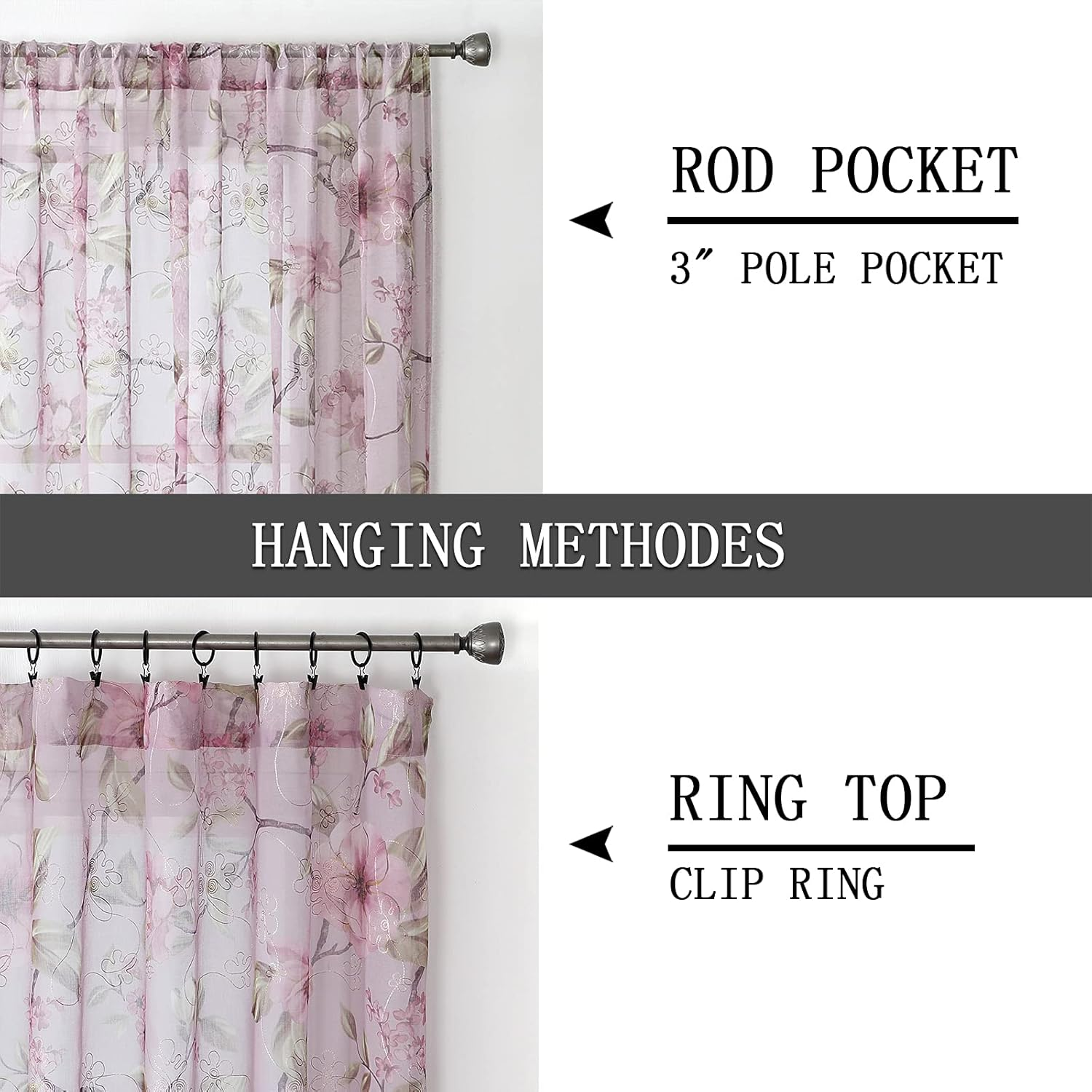 Tollpiz Sheer Curtain Pink Flower Leaf Printed Floral Embroidered Bedroom Curtains Sheer Rod Pocket Voile Faux Linen Short Window Curtain for Living Room, 54 X 45 Inches Long, Set of 2 Panels image number 6