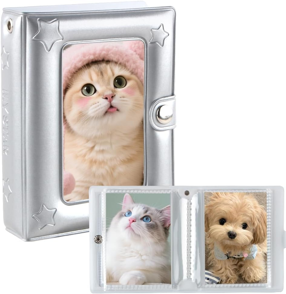 3 Inch Silver Photo Albums, Mini Photo Album Small Picture Book for Photos Patent Leather Star Postcard Album Picture Books with 20 Pages and 40 Pockets Postcard Holder Photoalbum Scrapbook Albums