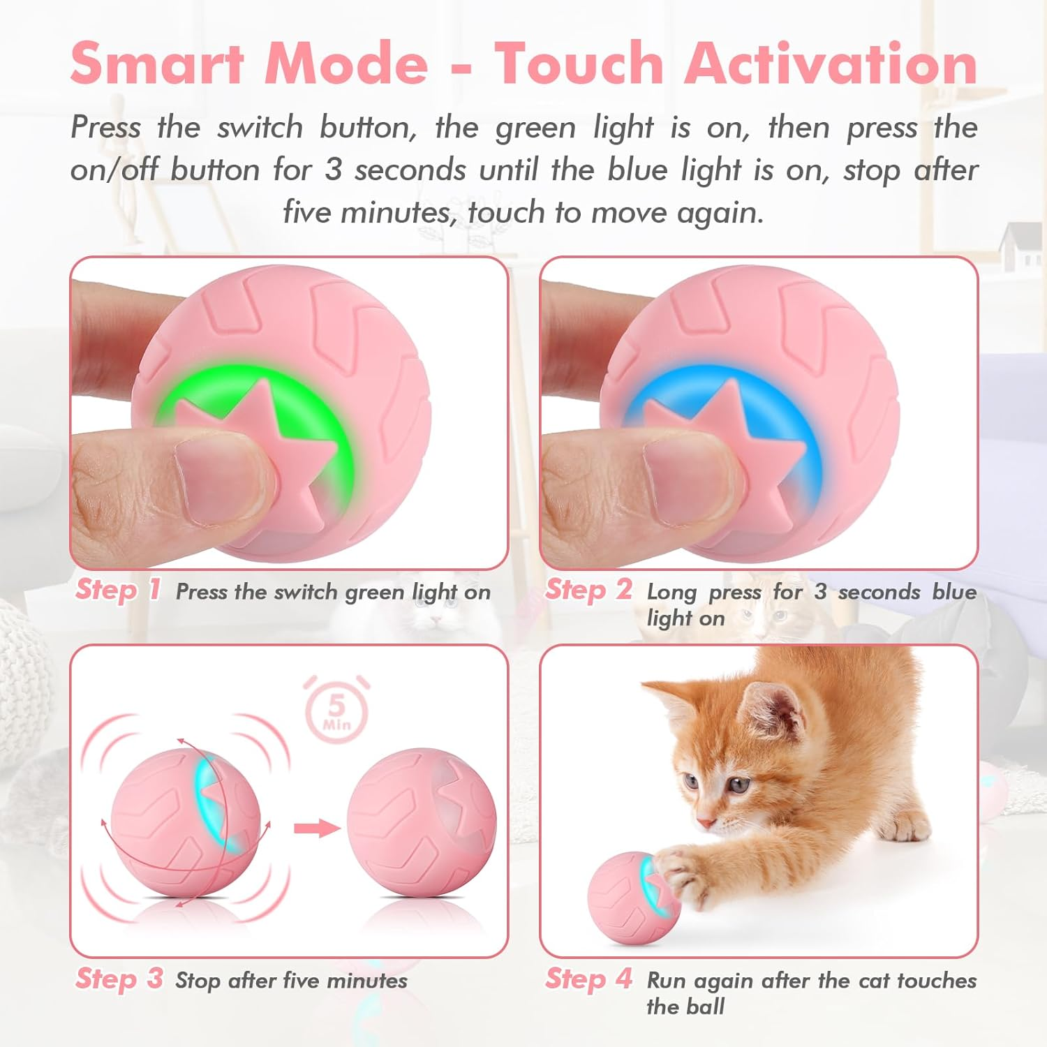 JIZZU Electric Cat Ball, Rolling Ball Interactive Cat Toy with LED Light, Pack of 4 Cat Toy, Intelligent Cat Ball, 360&deg; Self-Rotating Toy, Spiral Springs, Pink