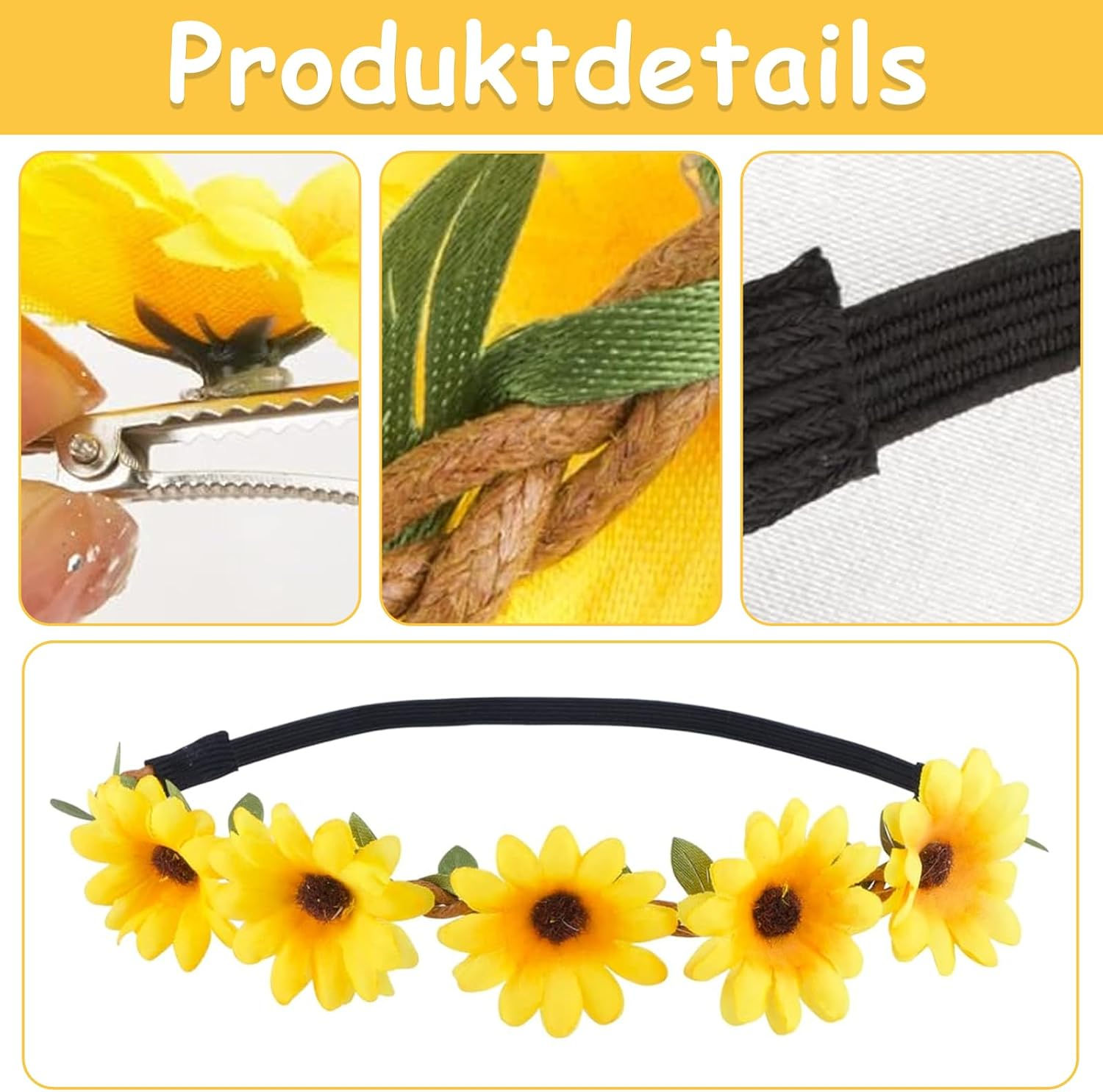 Cozevdnt Flower Hair Band, Hair Clips, Sunflower Flower Hair Band with 10 Pieces Daisy Flowers Hair Clips, Girls Women Sunflowers Headband, Beach, Wedding, Travel, Carnival, Party Headpiece (Yellow) image number 4