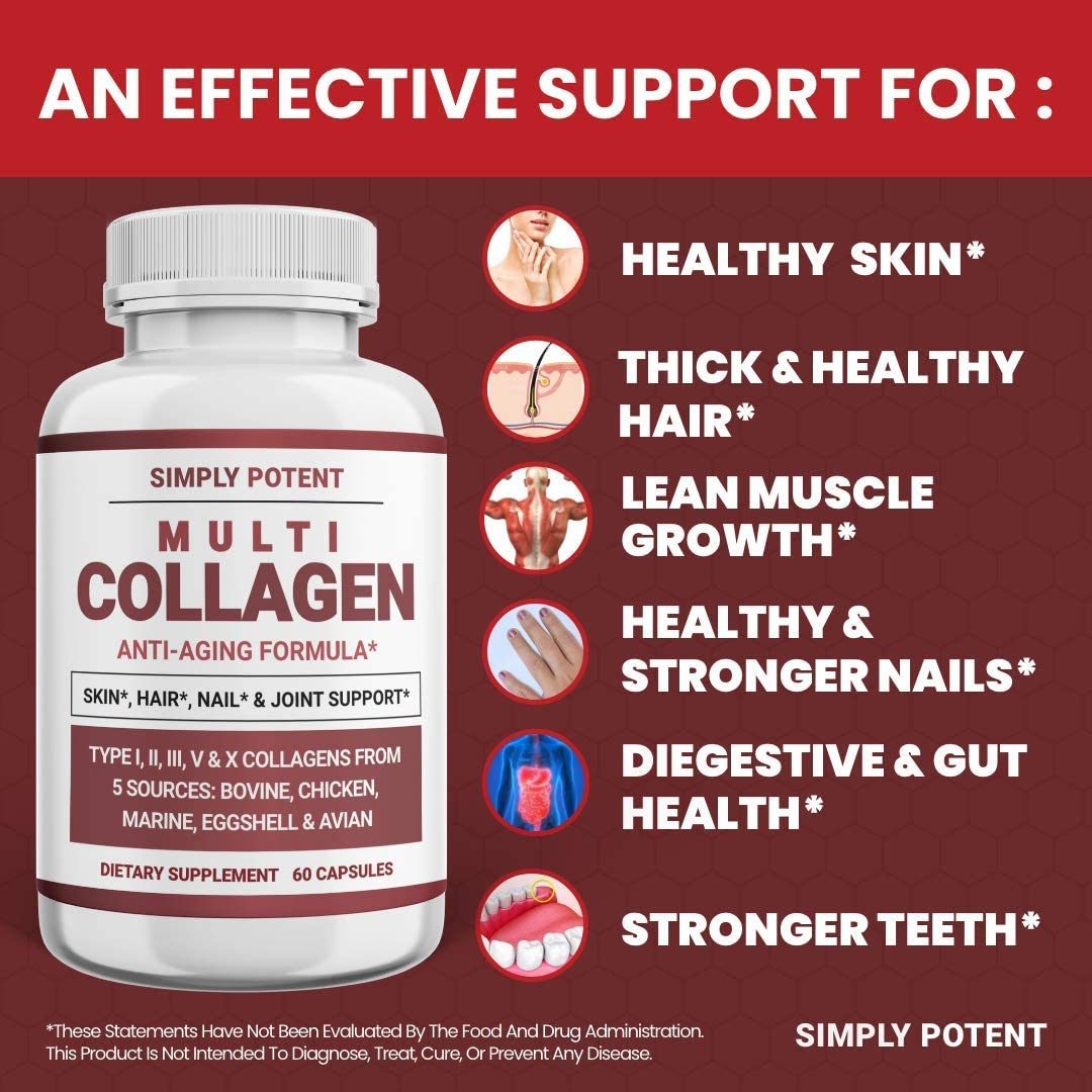 Simply Potent Multi Collagen Peptides Powder Pills, High Bioavailable Hydrolyzed Collagen Protein Supplement with 5 Collagen Types I, Ii, Iii, V, for Hair, Nail & Joint Support, 60 Count (Pack of 1) image number 2