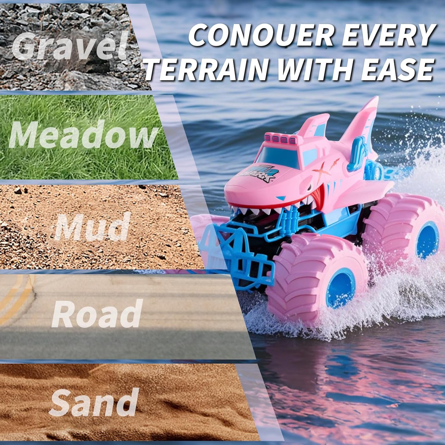 Pink Shark Waterproof RC Monster Truck Toys - Amphibious Remote Control Car 4WD All-Terrain Vehicle Toy for Girls Ages 4-12, Durable Off-Road Fun for Kids, Indoor & Outdoor Play image number 4
